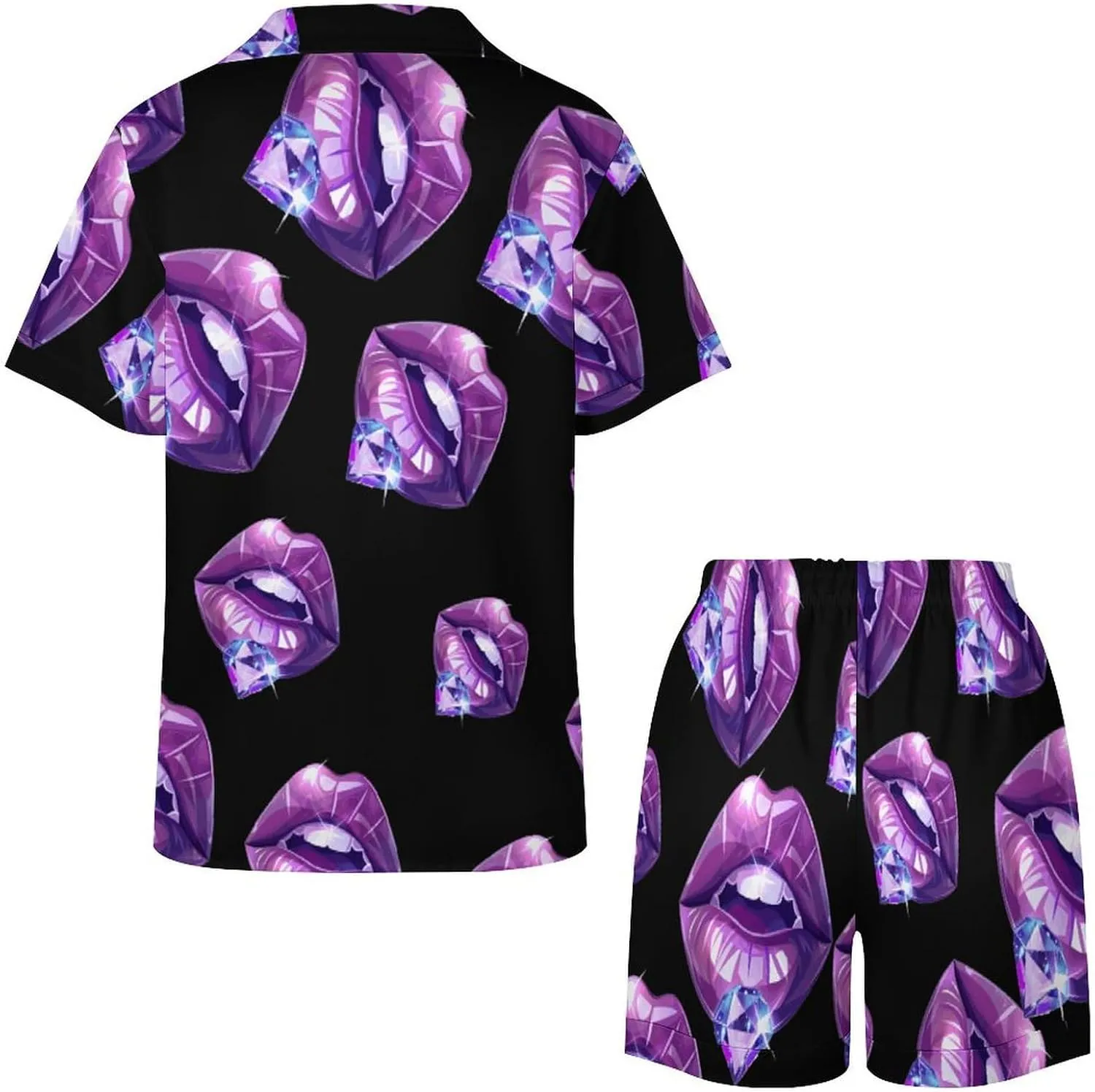 Purple Design Lips Diamond Women's Satin Pajama Set Short Sleeve Button Down Sleepwear Loungewear Pj Set
