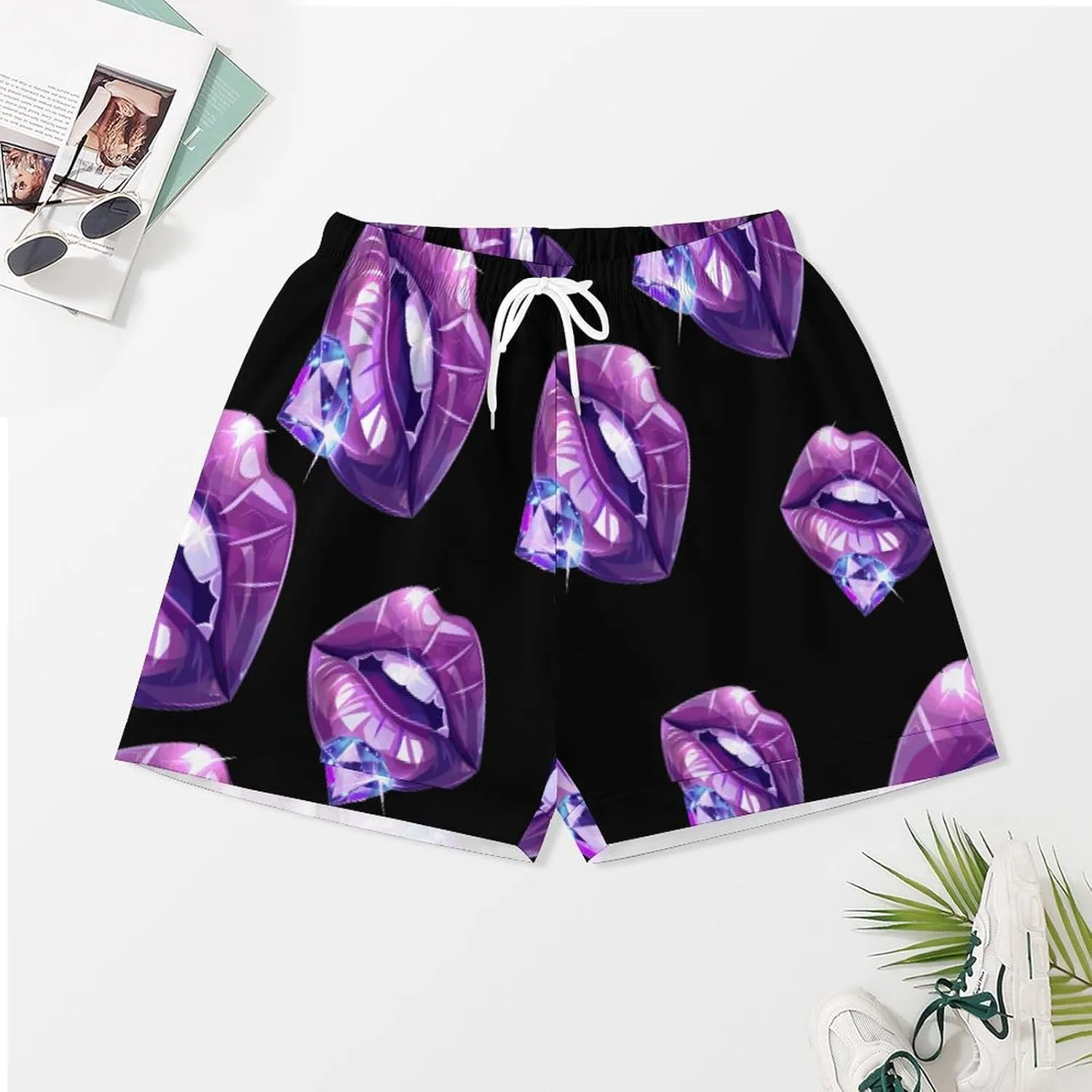 Purple Design Lips Diamond Women's Satin Pajama Set Short Sleeve Button Down Sleepwear Loungewear Pj Set