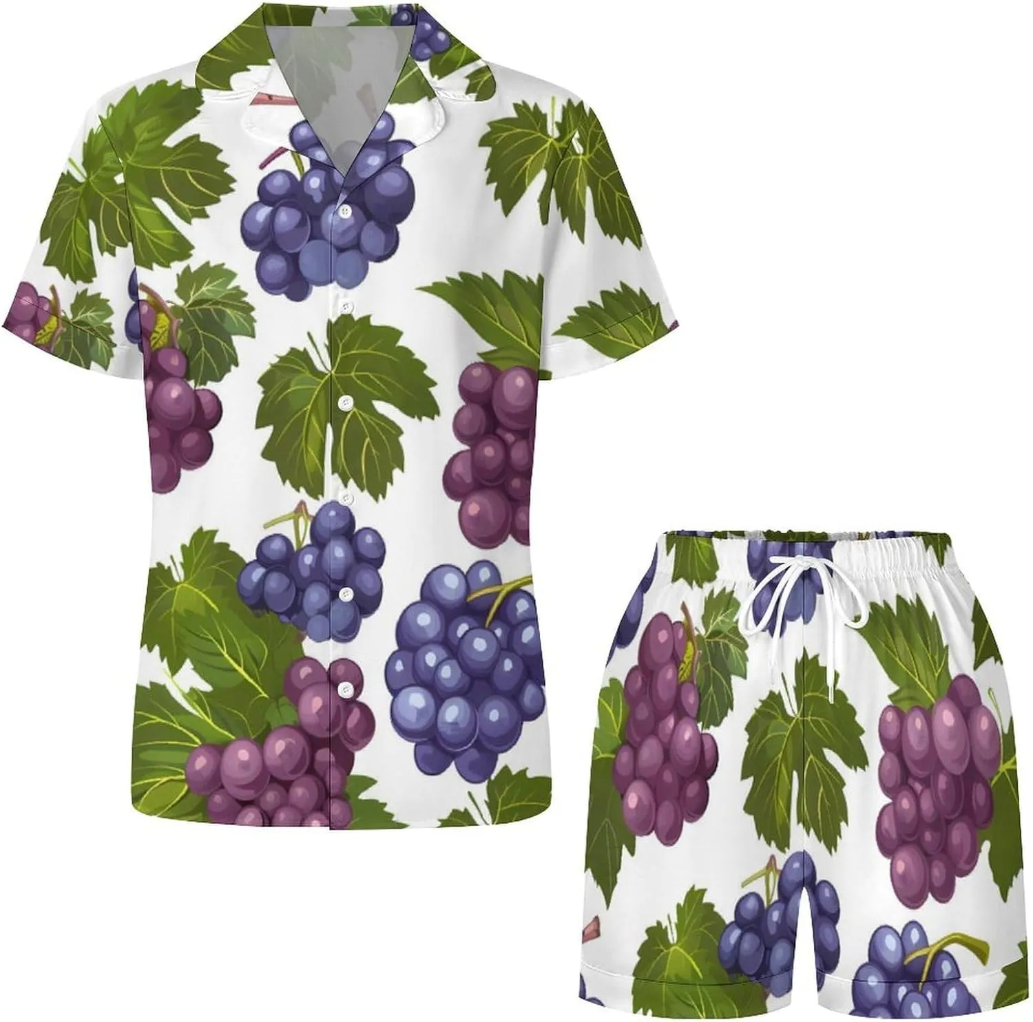 Purple Grapes with Green Leaves Women's Satin Pajama Set Short Sleeve Button Down Sleepwear Loungewear Pj Set
