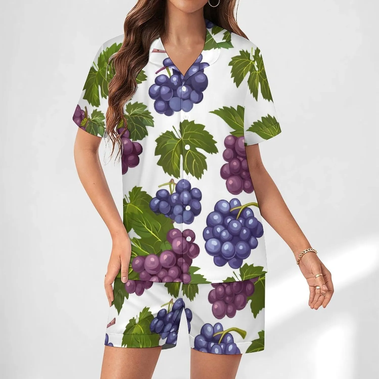 Purple Grapes with Green Leaves Women's Satin Pajama Set Short Sleeve Button Down Sleepwear Loungewear Pj Set