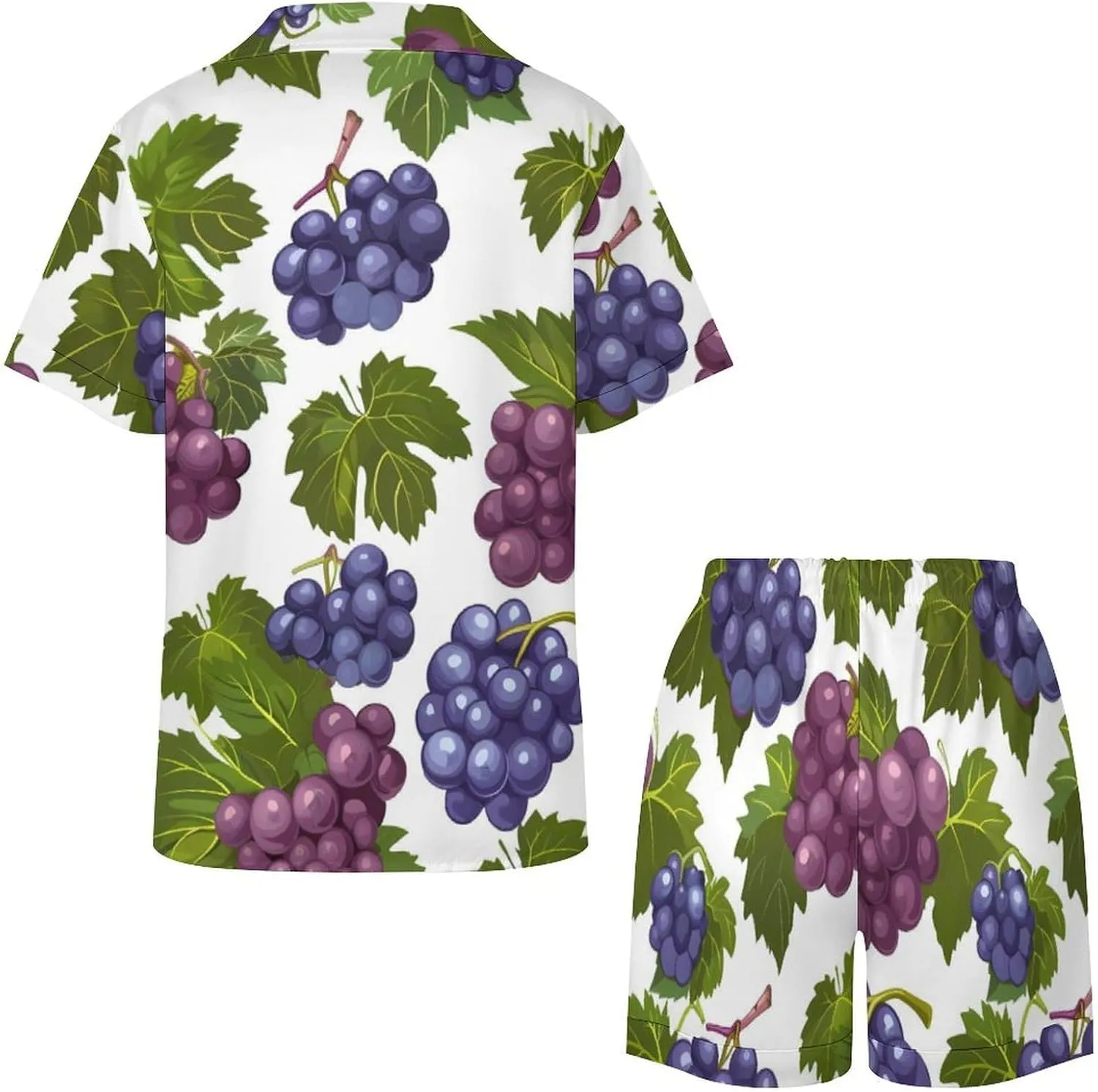 Purple Grapes with Green Leaves Women's Satin Pajama Set Short Sleeve Button Down Sleepwear Loungewear Pj Set