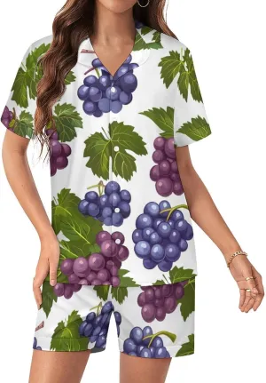 Purple Grapes with Green Leaves Women's Satin Pajama Set Short Sleeve Button Down Sleepwear Loungewear Pj Set
