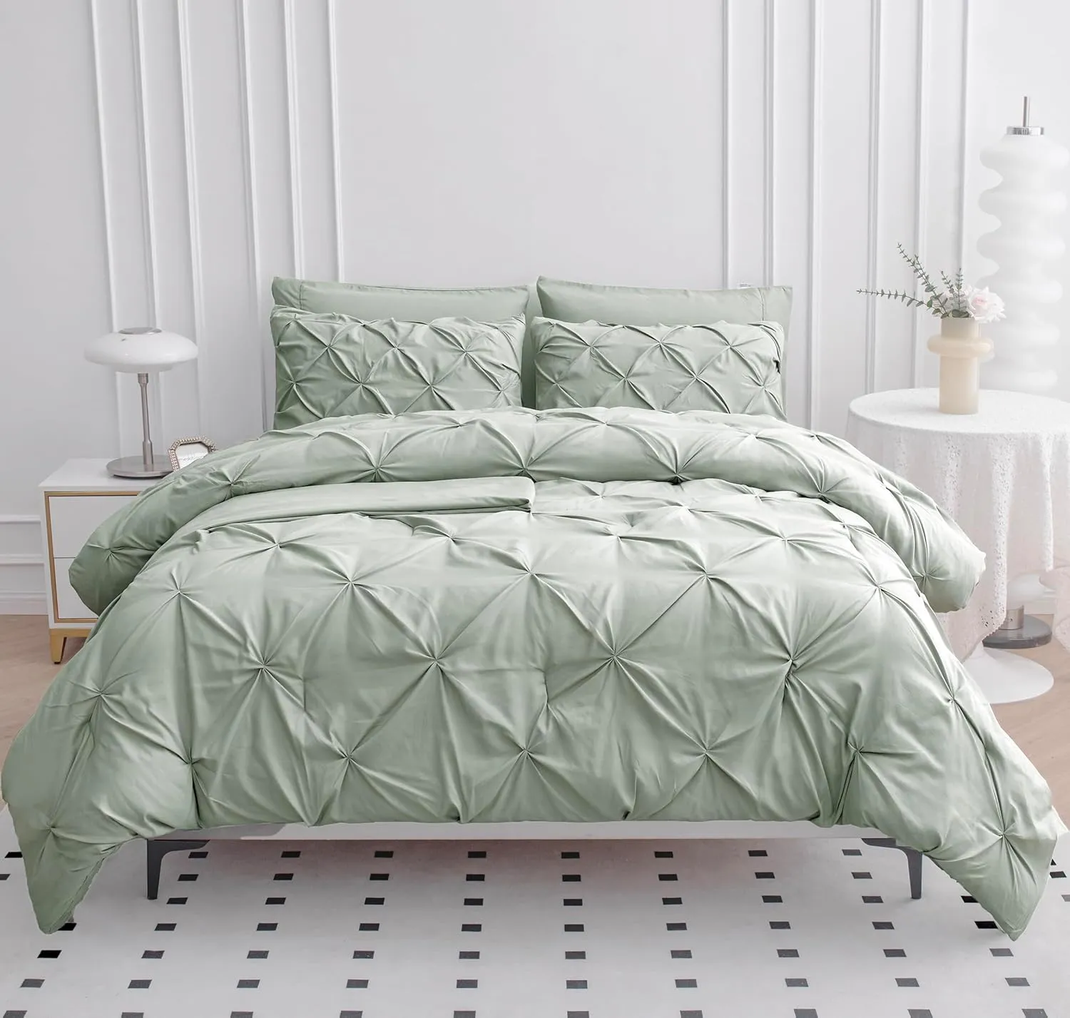 Queen Comforter Set 7 Piece Bedding Sets 100% Cotton Pintuck Bed Set, Pinch Pleated Bed in a Bag Set Bed Comforter Set with Sheets, Pillowcase & Sham - Mineral
