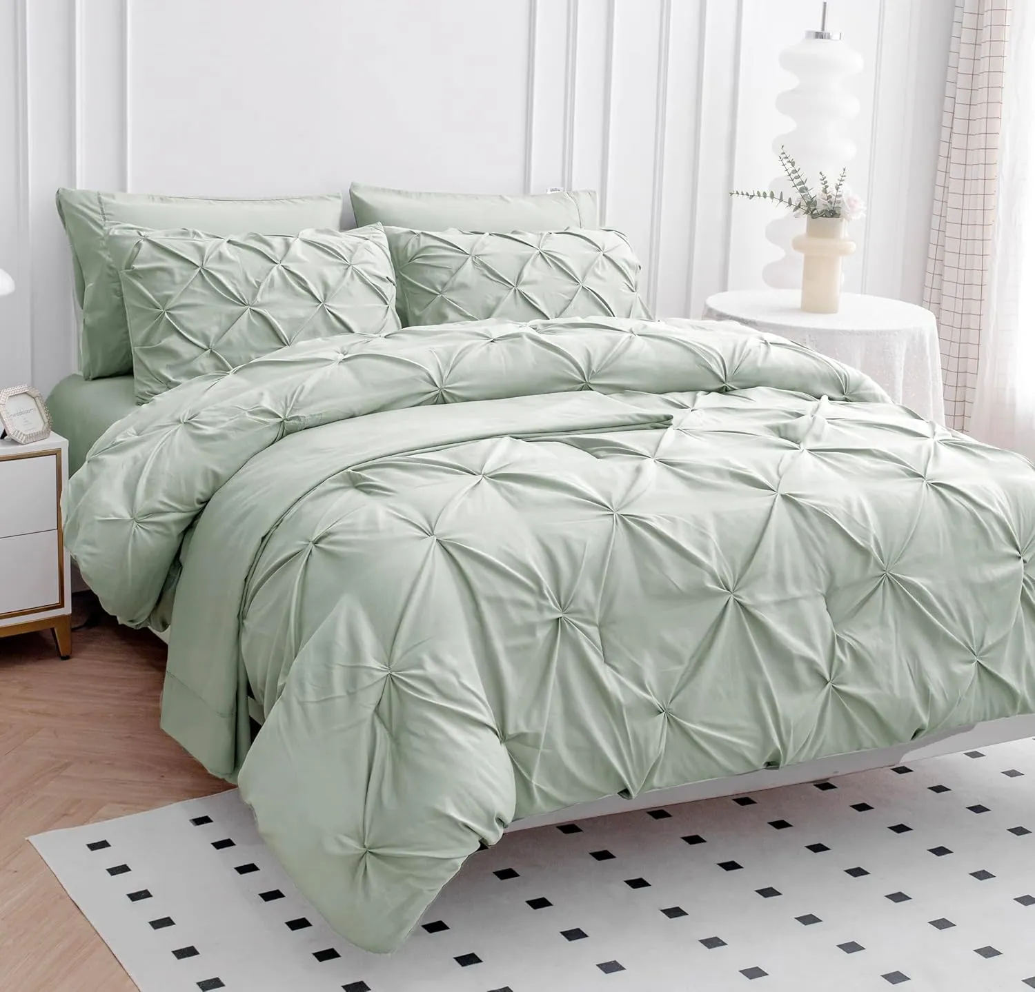 Queen Comforter Set 7 Piece Bedding Sets 100% Cotton Pintuck Bed Set, Pinch Pleated Bed in a Bag Set Bed Comforter Set with Sheets, Pillowcase & Sham - Mineral