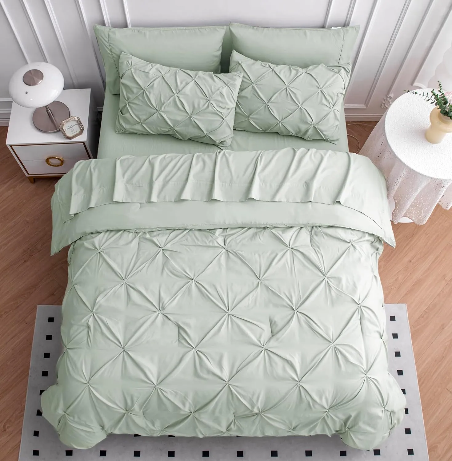 Queen Comforter Set 7 Piece Bedding Sets 100% Cotton Pintuck Bed Set, Pinch Pleated Bed in a Bag Set Bed Comforter Set with Sheets, Pillowcase & Sham - Mineral