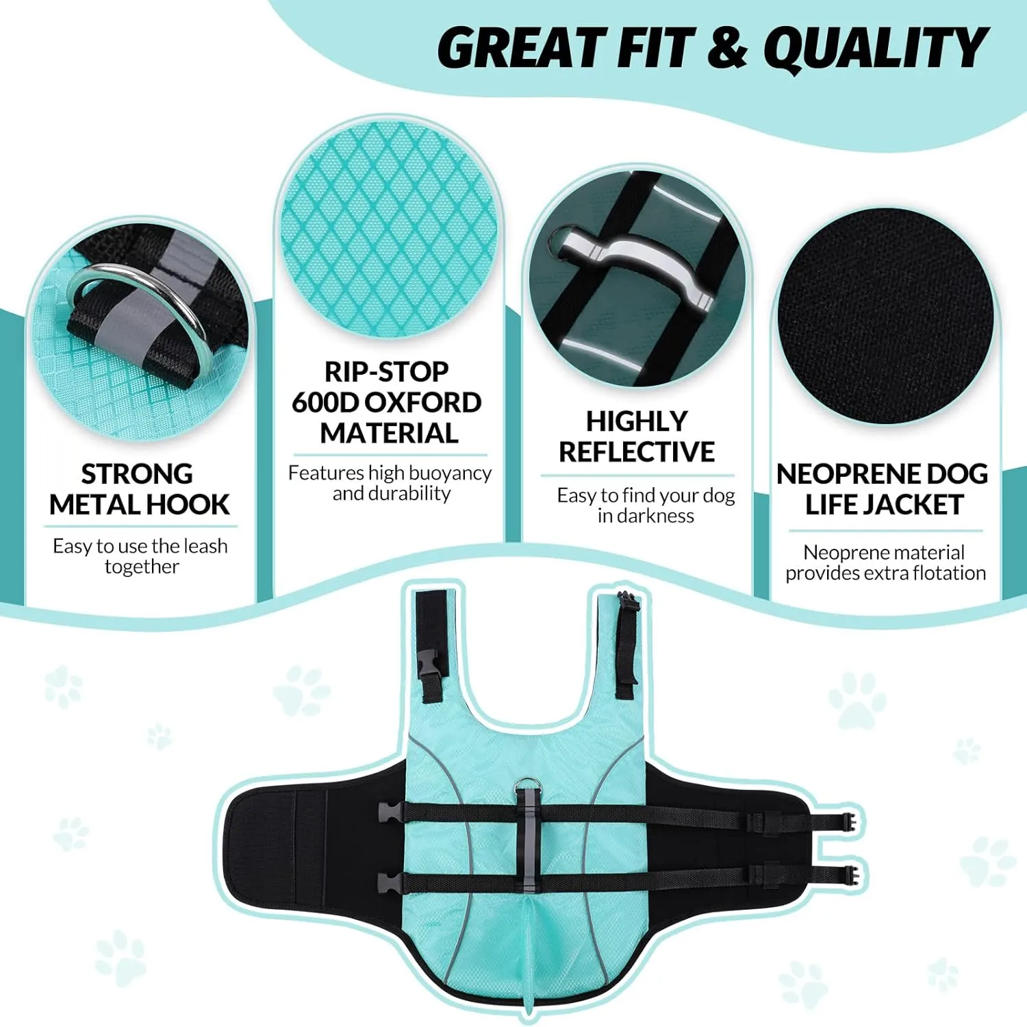 Queenmore Puppy Shark Life Jacket - Dog Life Preserver for Swimming, Boating & Kayaking, High Buoyancy with Strong Rescue Handle & Reflective Light (Light Blue, L)