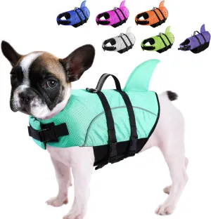 Queenmore Puppy Shark Life Jacket - Dog Life Preserver for Swimming, Boating & Kayaking, High Buoyancy with Strong Rescue Handle & Reflective Light (Light Blue, L)