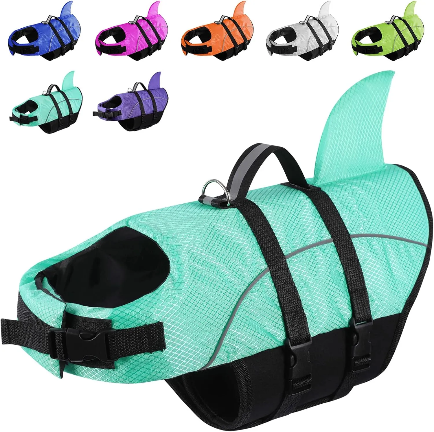 Queenmore Puppy Shark Life Jacket - Dog Life Preserver for Swimming, Boating & Kayaking, High Buoyancy with Strong Rescue Handle & Reflective Light (Light Blue, L)