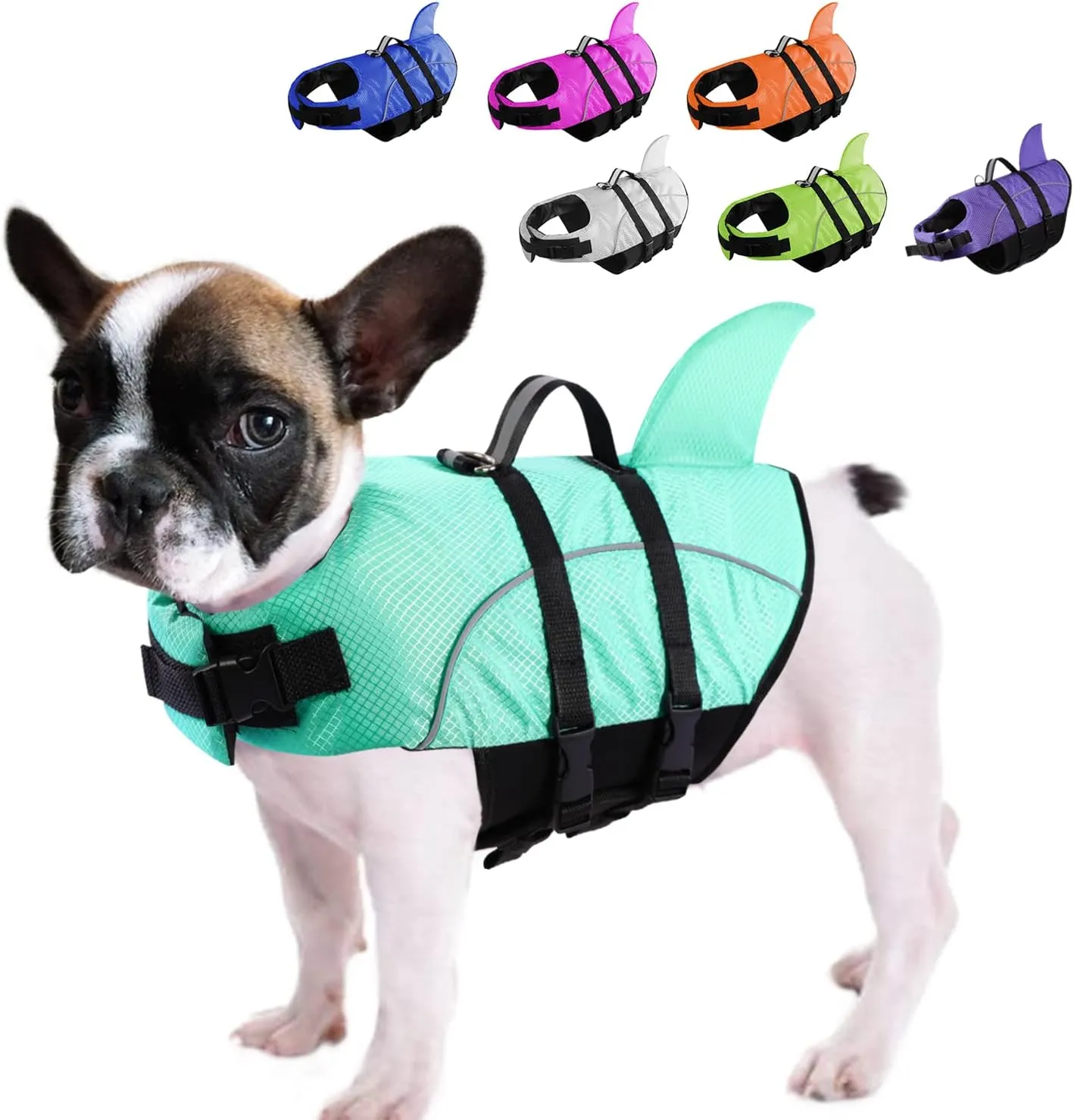 Queenmore Small Dog Shark Life Jacket, Puppy Dog Life Preserver for Swimming, Boating, Kayaking, High Buoyancy with Strong Rescue Handle and Reflective Light, Light Blue, M
