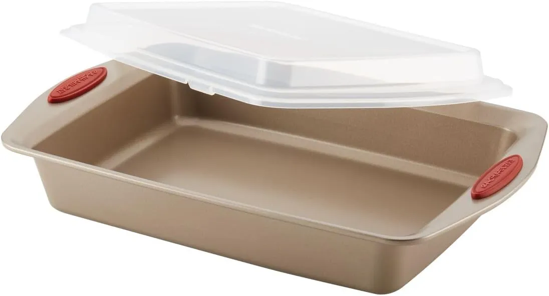 Rachael Ray Cucina Nonstick Bakeware Set Baking Cookie Sheets Cake Muffin Bread Pan, 10 Piece, Latte Brown with Cranberry Red Grips
