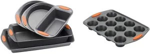 Rachael Ray Nonstick Bakeware Set with Grips - 5 Piece and 12 Cup Muffin Tin