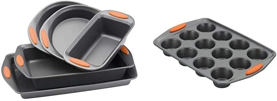 Rachael Ray Nonstick Bakeware Set with Grips - 5 Piece and 12 Cup Muffin Tin