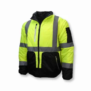 Radians SJ510-3ZGS Quilted Reversible Four-in-One Jacket with Zip-Off Sleeves, Hi Vis Green/Gray, 1 Each