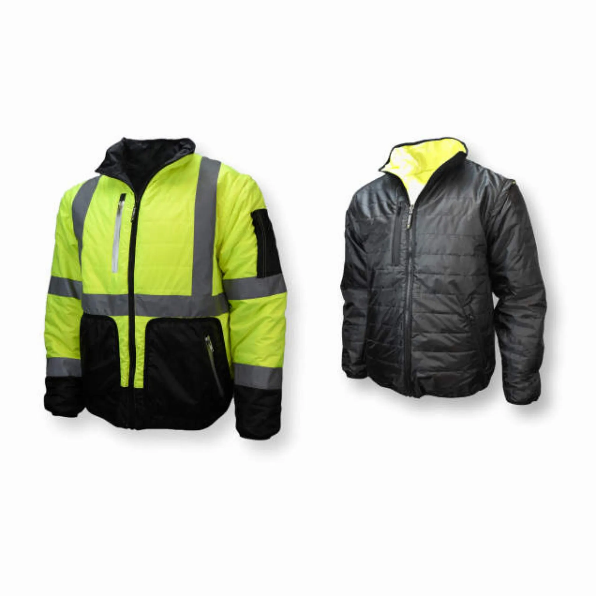Radians SJ510-3ZGS Quilted Reversible Four-in-One Jacket with Zip-Off Sleeves, Hi Vis Green/Gray, 1 Each