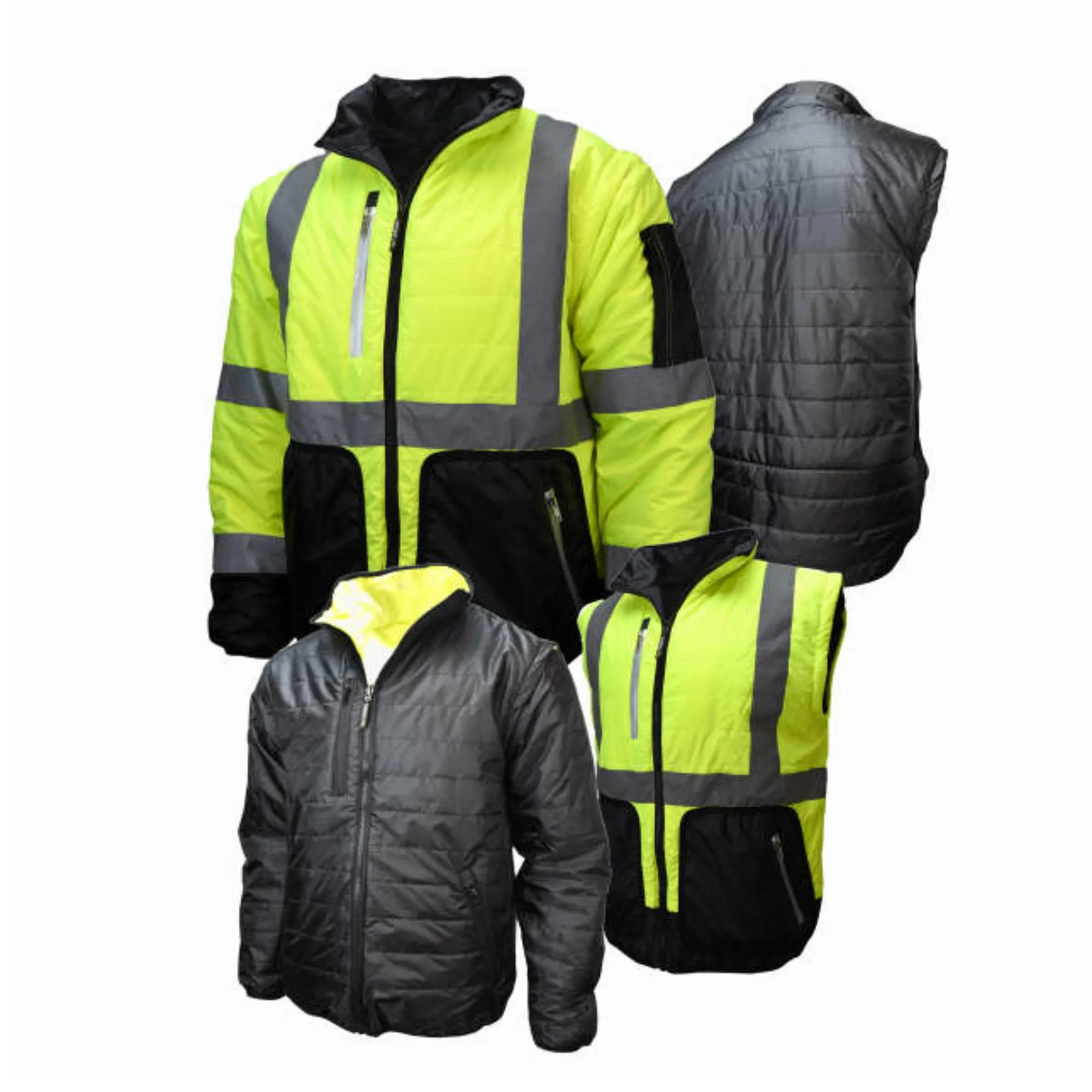 Radians SJ510-3ZGS Quilted Reversible Four-in-One Jacket with Zip-Off Sleeves, Hi Vis Green/Gray, 1 Each