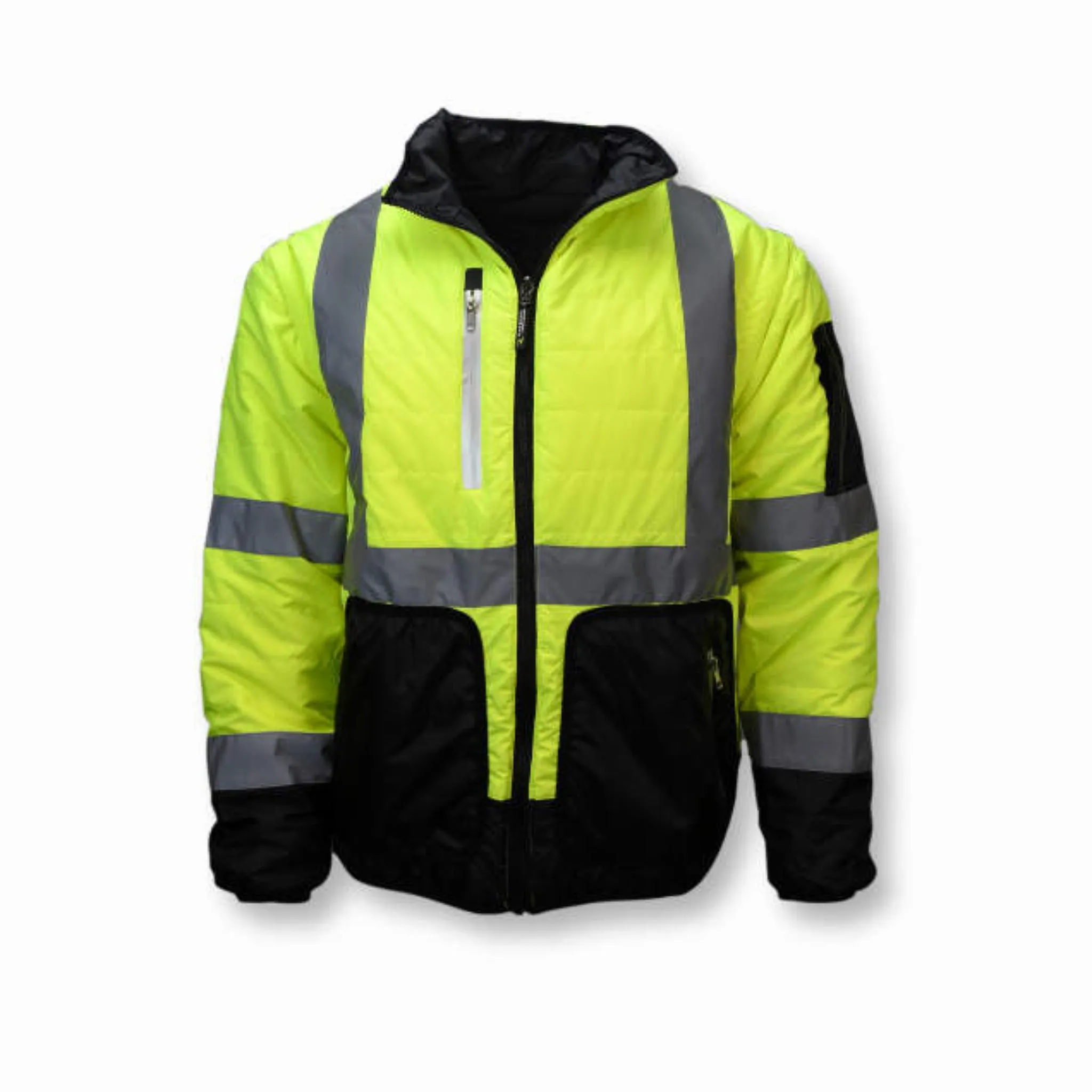 Radians SJ510-3ZGS Quilted Reversible Four-in-One Jacket with Zip-Off Sleeves, Hi Vis Green/Gray, 1 Each