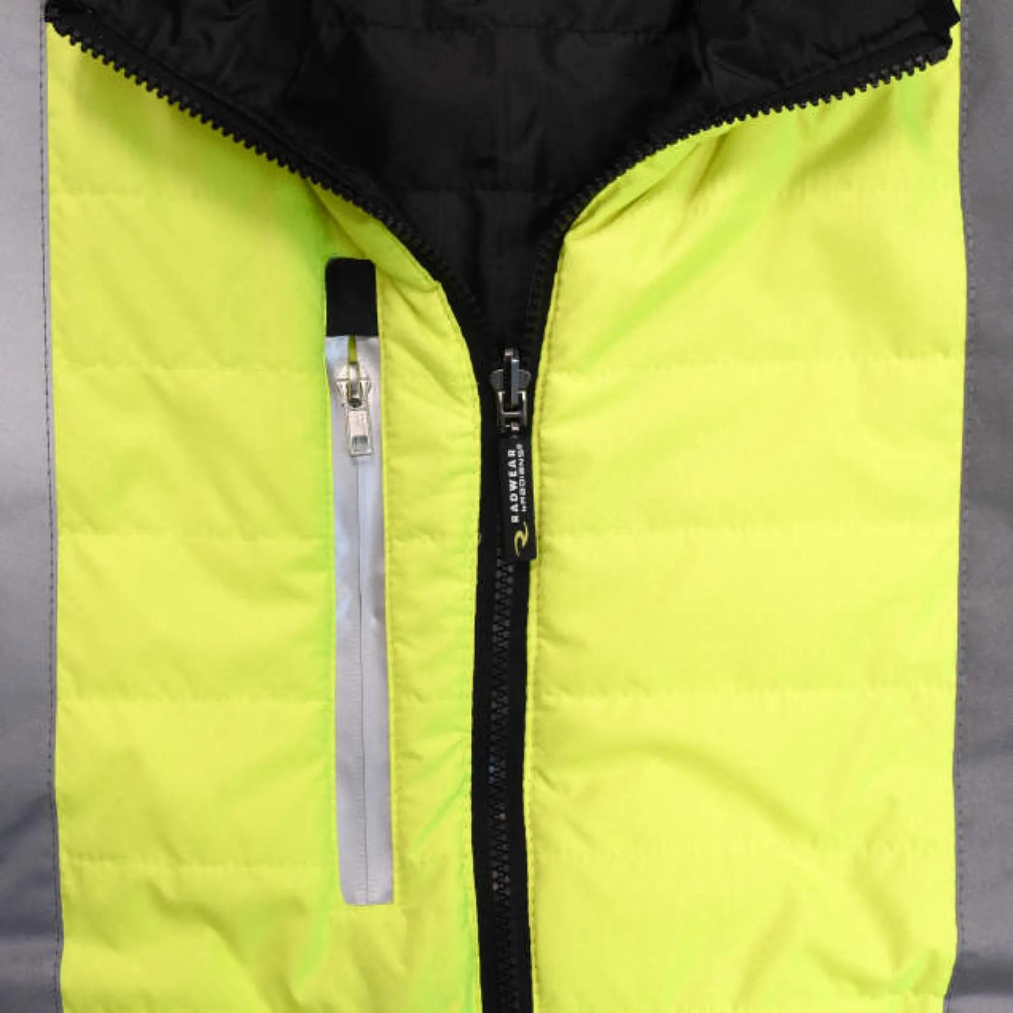 Radians SJ510-3ZGS Quilted Reversible Four-in-One Jacket with Zip-Off Sleeves, Hi Vis Green/Gray, 1 Each