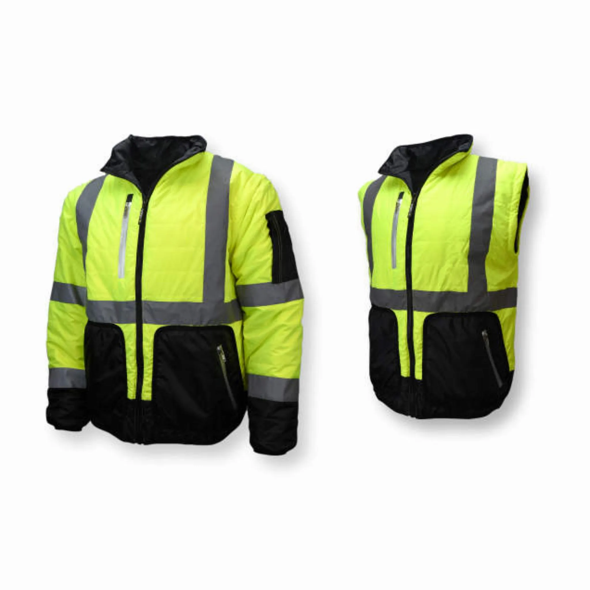 Radians SJ510-3ZGS Quilted Reversible Four-in-One Jacket with Zip-Off Sleeves, Hi Vis Green/Gray, 1 Each