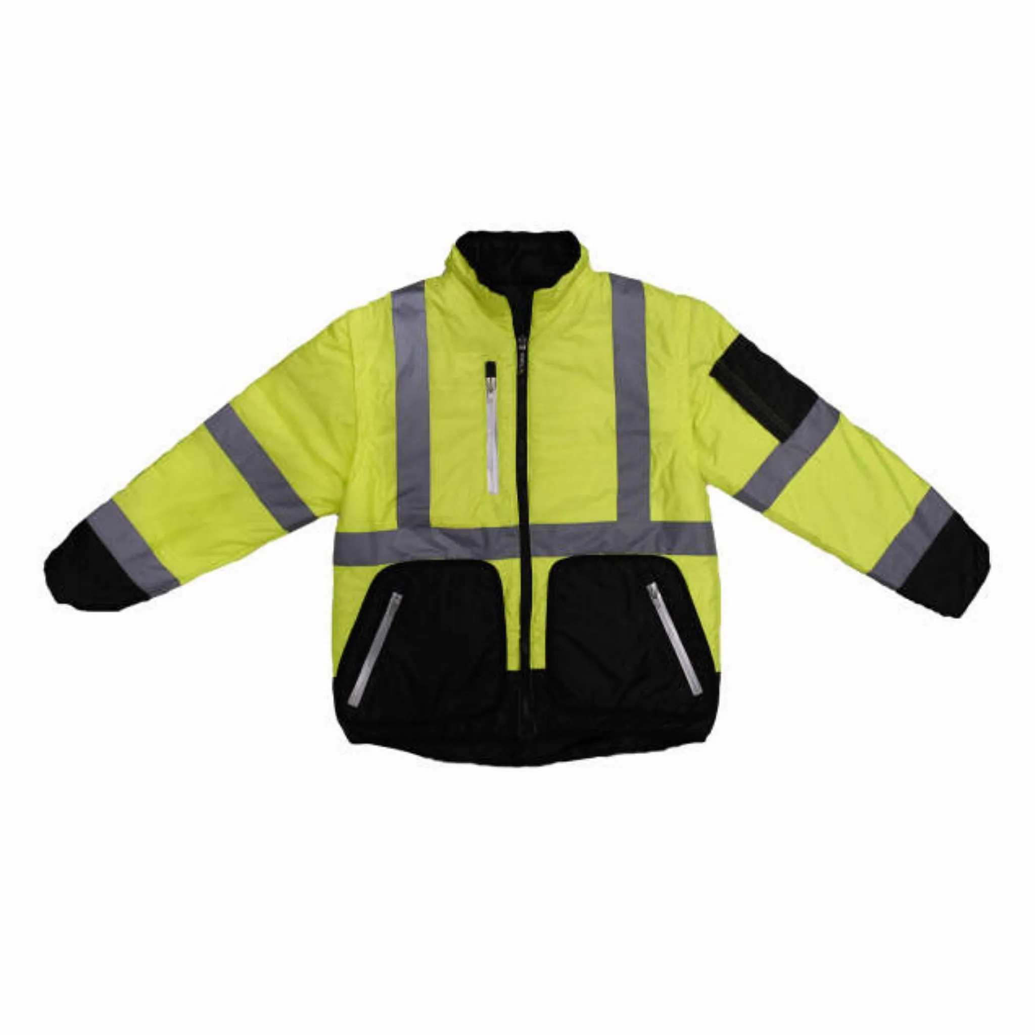Radians SJ510-3ZGS Quilted Reversible Four-in-One Jacket with Zip-Off Sleeves, Hi Vis Green/Gray, 1 Each