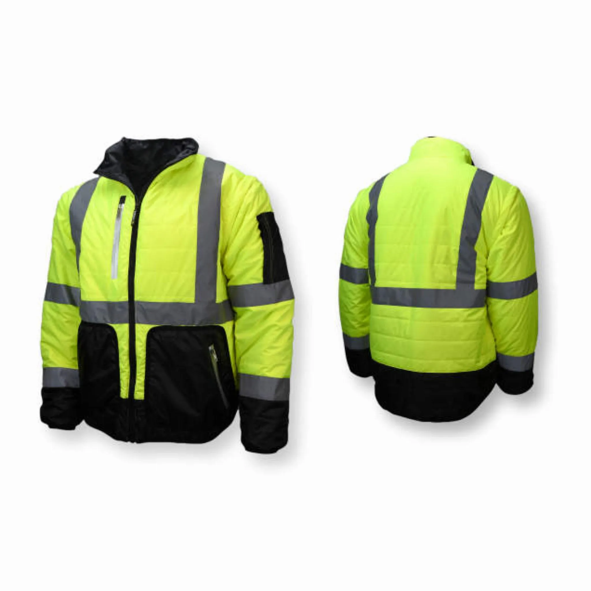 Radians SJ510-3ZGS Quilted Reversible Four-in-One Jacket with Zip-Off Sleeves, Hi Vis Green/Gray, 1 Each