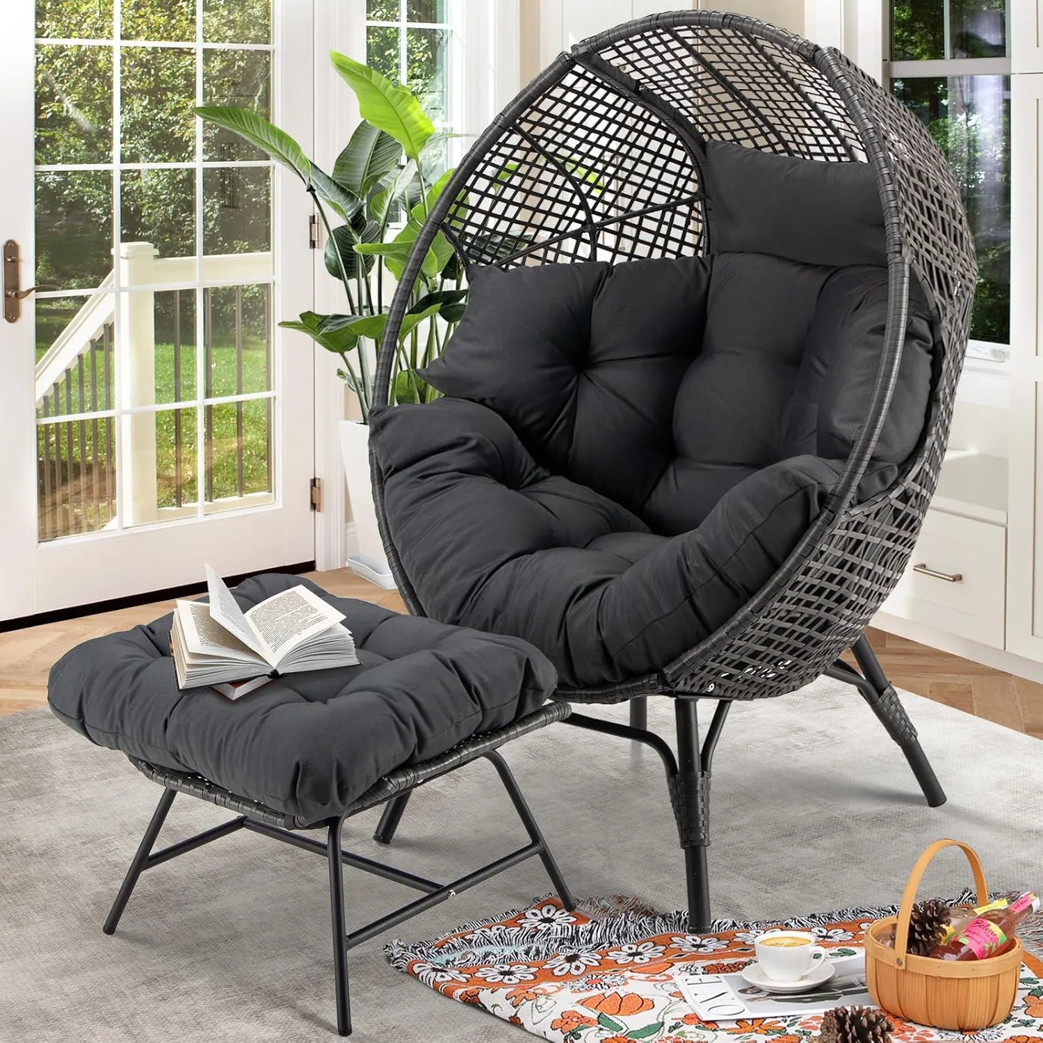 RADIATA Egg Chair with Footrest, Wicker Patio Lounger with Ottoman, Oversized Rattan Egg Shaped Chair with Leg for Indoor Outdoor Patio Balcony Garden (Grey)