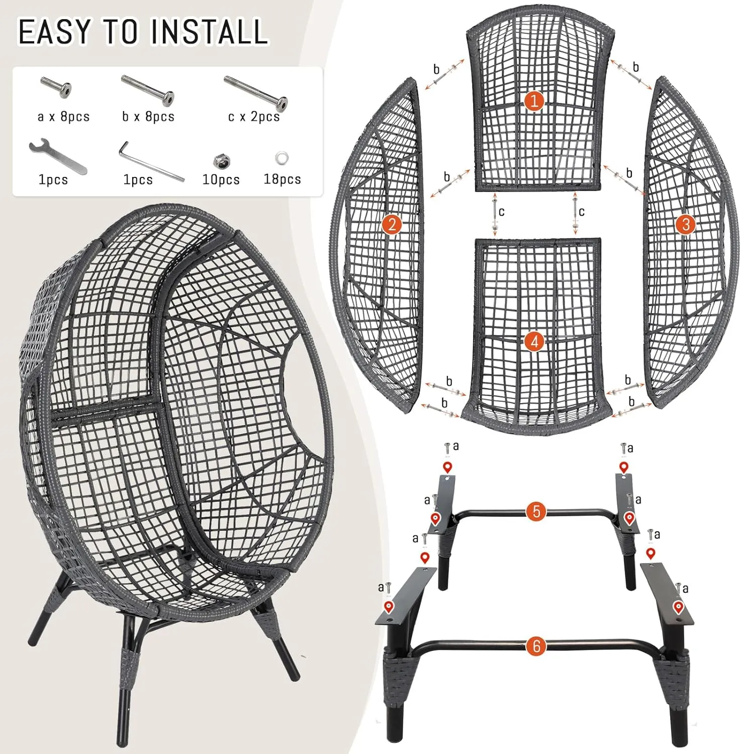 RADIATA Egg Chair with Footrest, Wicker Patio Lounger with Ottoman, Oversized Rattan Egg Shaped Chair with Leg for Indoor Outdoor Patio Balcony Garden (Grey)