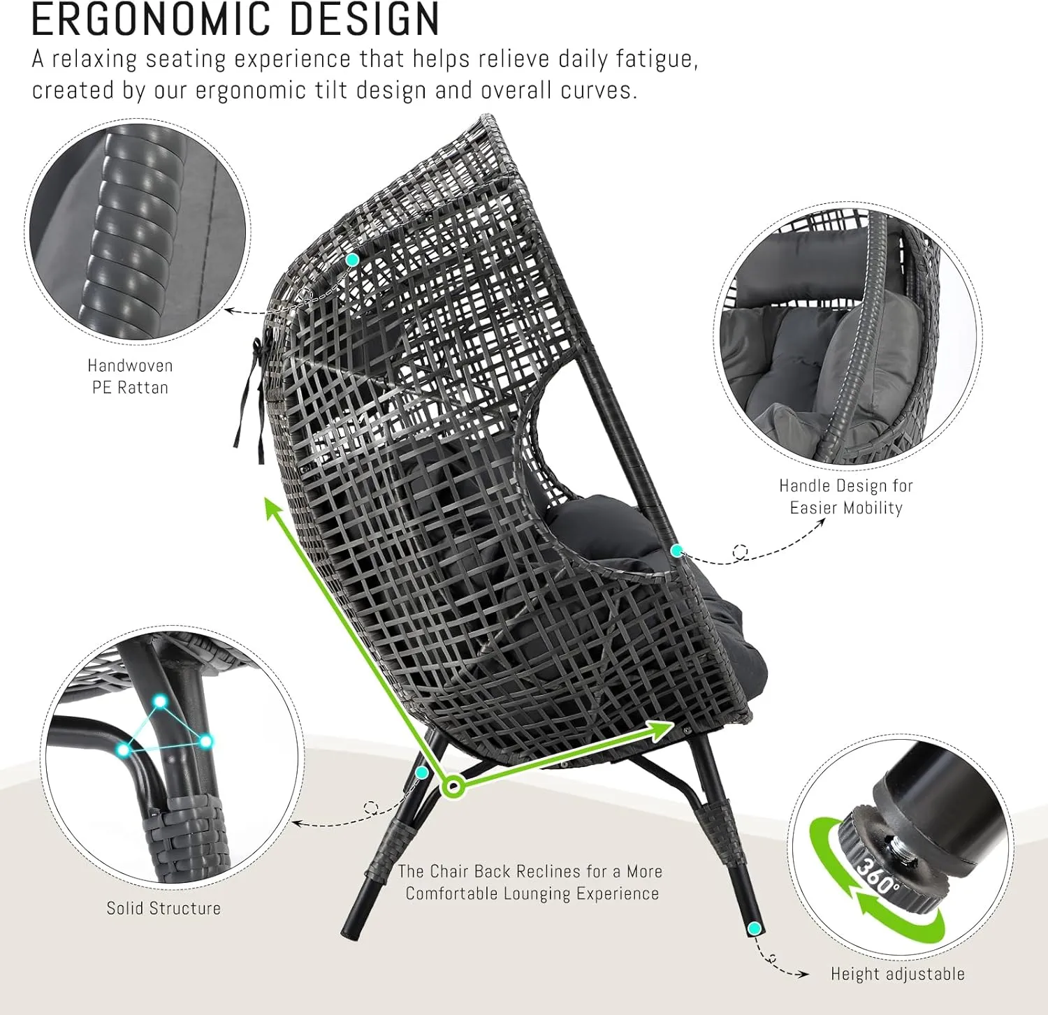 RADIATA Egg Chair with Footrest, Wicker Patio Lounger with Ottoman, Oversized Rattan Egg Shaped Chair with Leg for Indoor Outdoor Patio Balcony Garden (Grey)