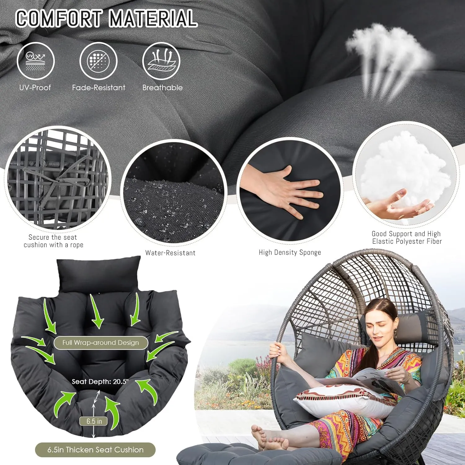 RADIATA Egg Chair with Footrest, Wicker Patio Lounger with Ottoman, Oversized Rattan Egg Shaped Chair with Leg for Indoor Outdoor Patio Balcony Garden (Grey)