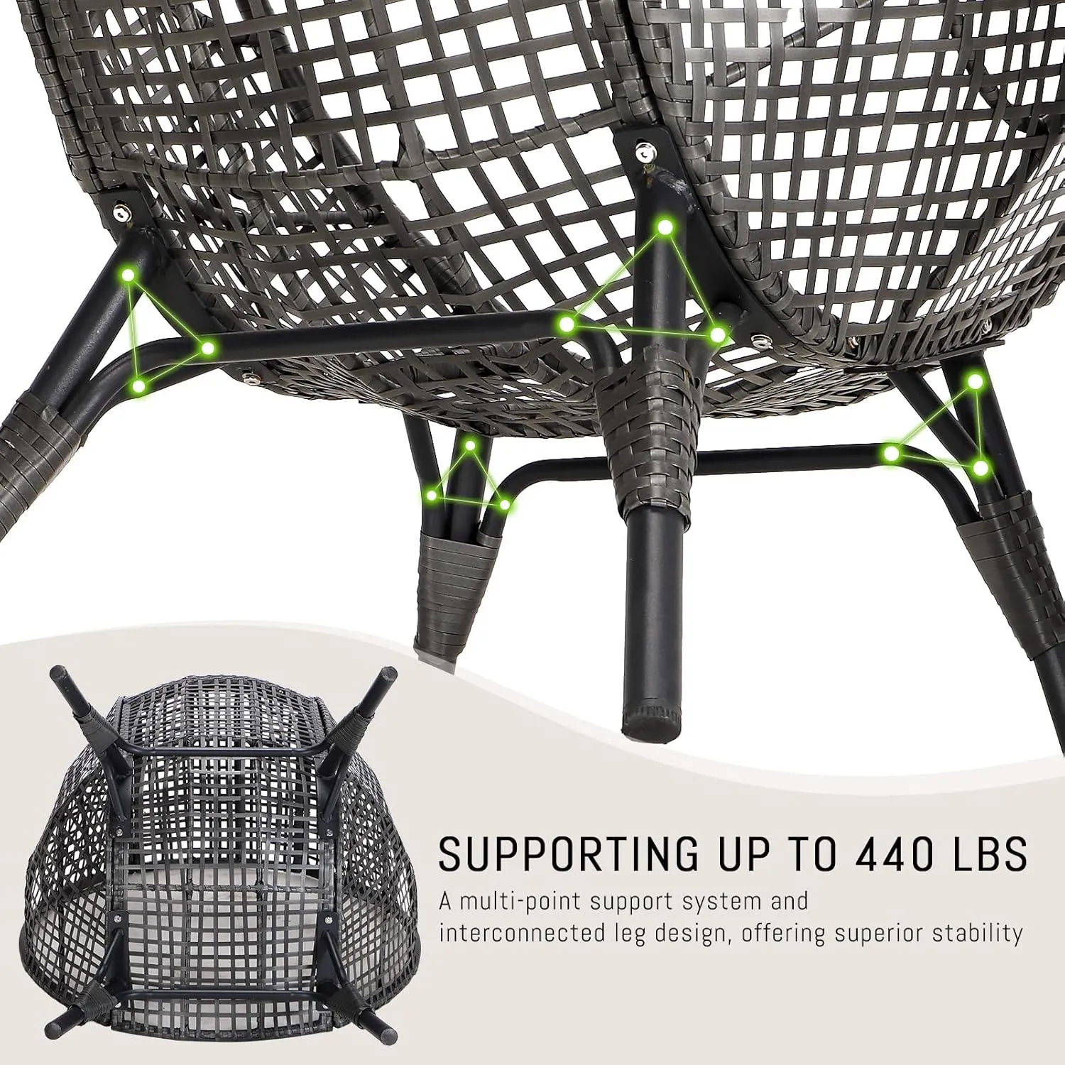 RADIATA Egg Chair with Footrest, Wicker Patio Lounger with Ottoman, Oversized Rattan Egg Shaped Chair with Leg for Indoor Outdoor Patio Balcony Garden (Grey)