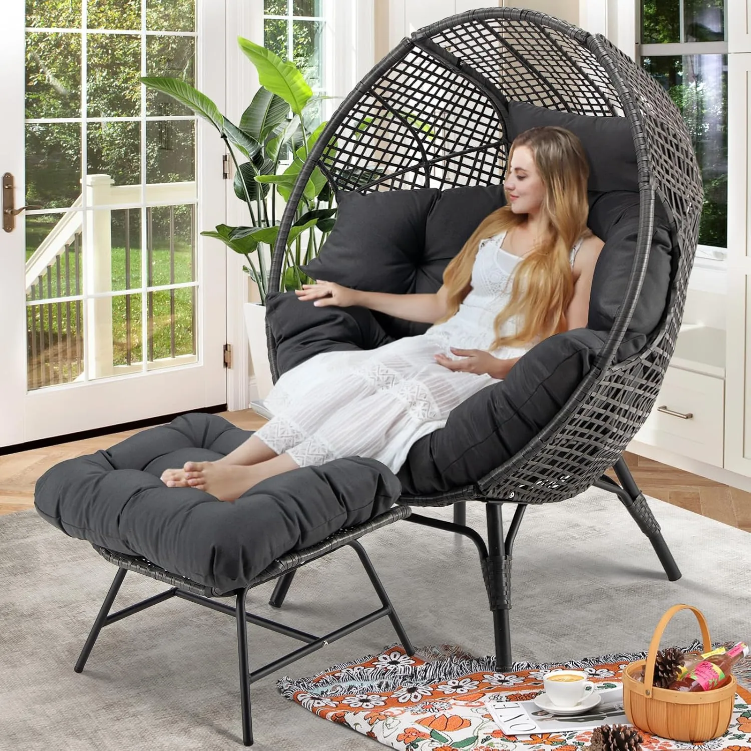RADIATA Egg Chair with Footrest, Wicker Patio Lounger with Ottoman, Oversized Rattan Egg Shaped Chair with Leg for Indoor Outdoor Patio Balcony Garden (Grey)