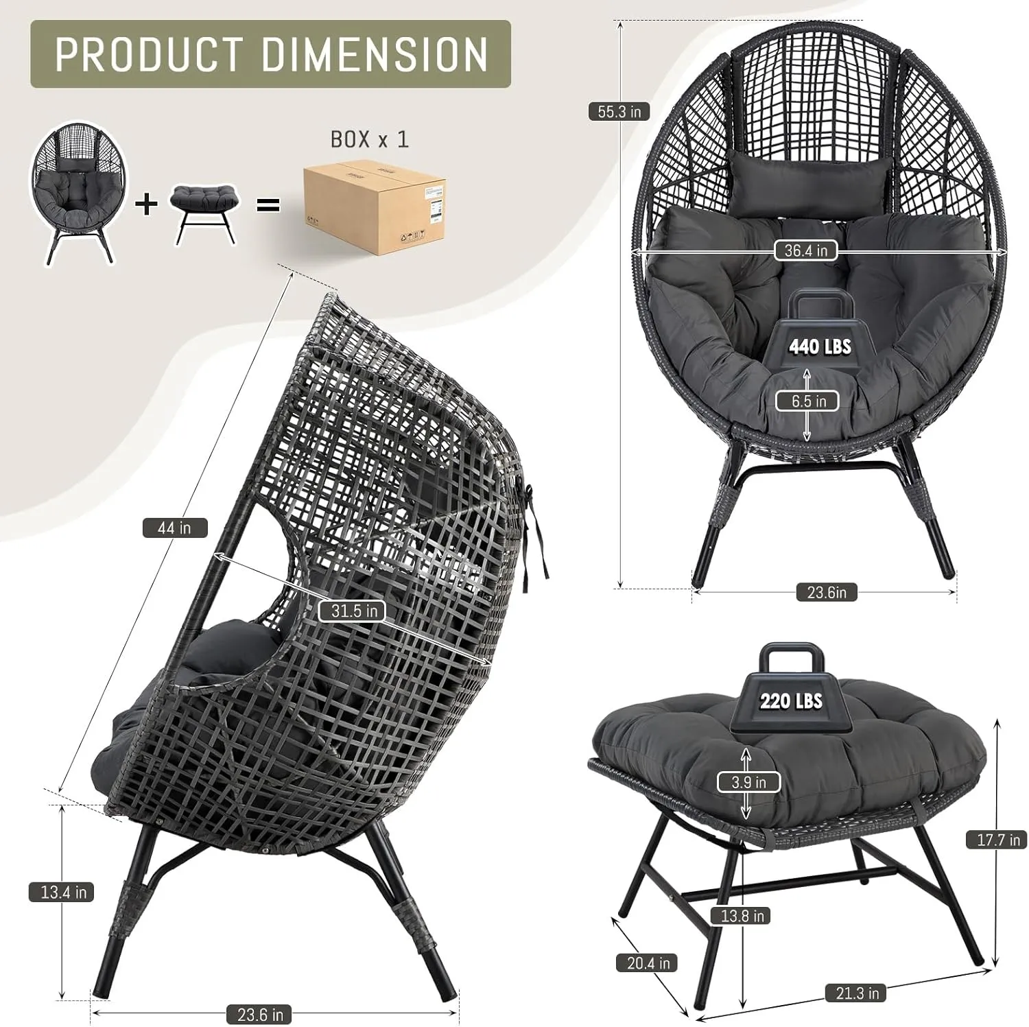 RADIATA Egg Chair with Footrest, Wicker Patio Lounger with Ottoman, Oversized Rattan Egg Shaped Chair with Leg for Indoor Outdoor Patio Balcony Garden (Grey)