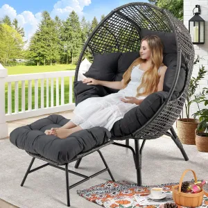 RADIATA Egg Chair with Footrest, Wicker Patio Lounger with Ottoman, Oversized Rattan Egg Shaped Chair with Leg for Indoor Outdoor Patio Balcony Garden (Grey)