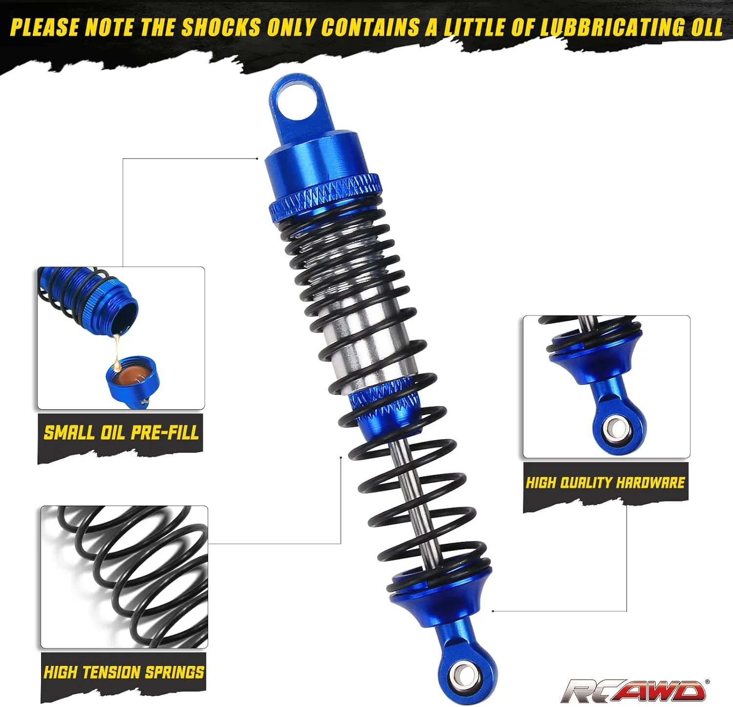 RCAWD Shock Absorber Damper 90mm Set for 1/10 Redcat Racing Blackout SC, SC PRO, XTE, XTE PRO, XBE, XBE PRO Upgrade Parts, Front and Rear RC Shocks Hopups for # BS214-011 Blue