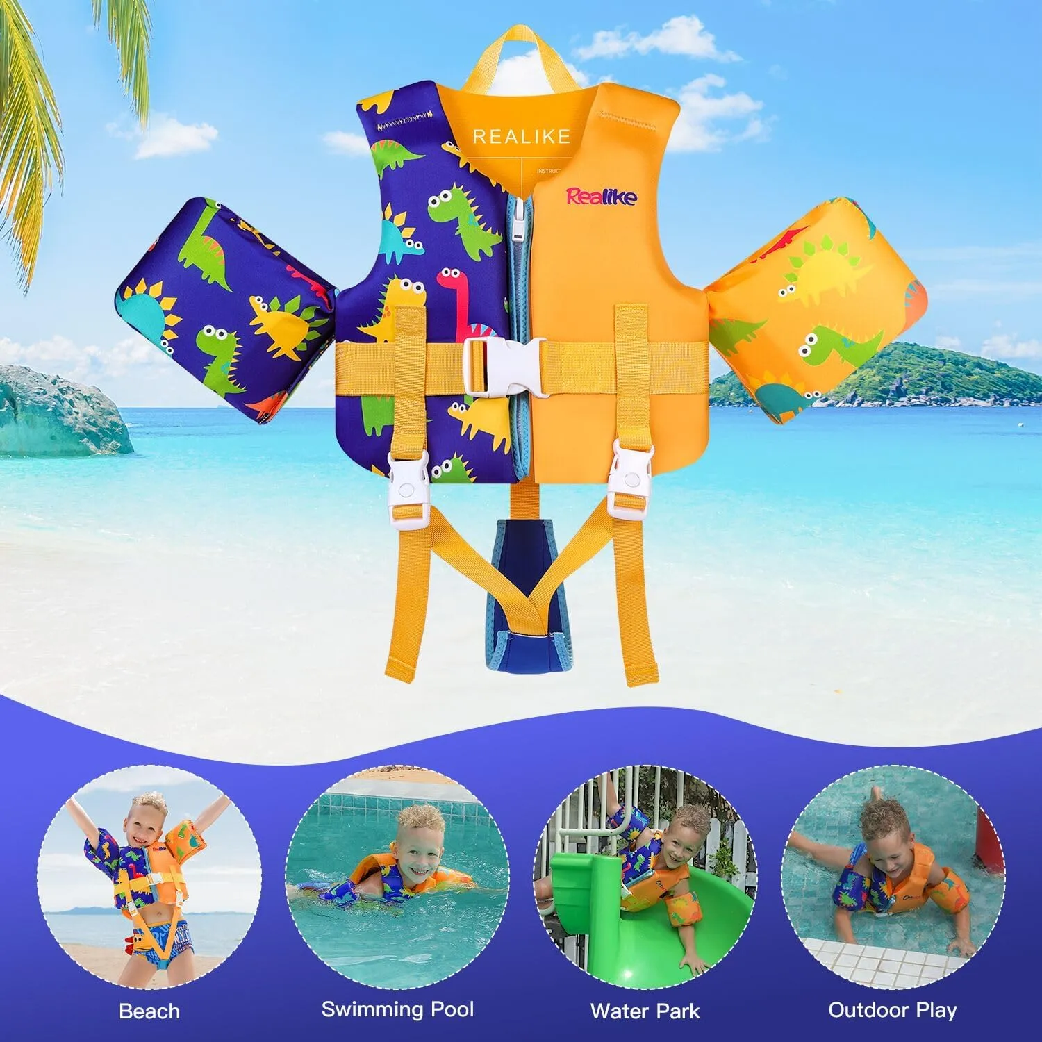 REALIKE Kids Swim Vest Toddler Floaties Adjustable Safety Strap Swimming Aids for Toddlers Children Float Swimsuit, Suitable for Age 2-10 Years/22-88lbs