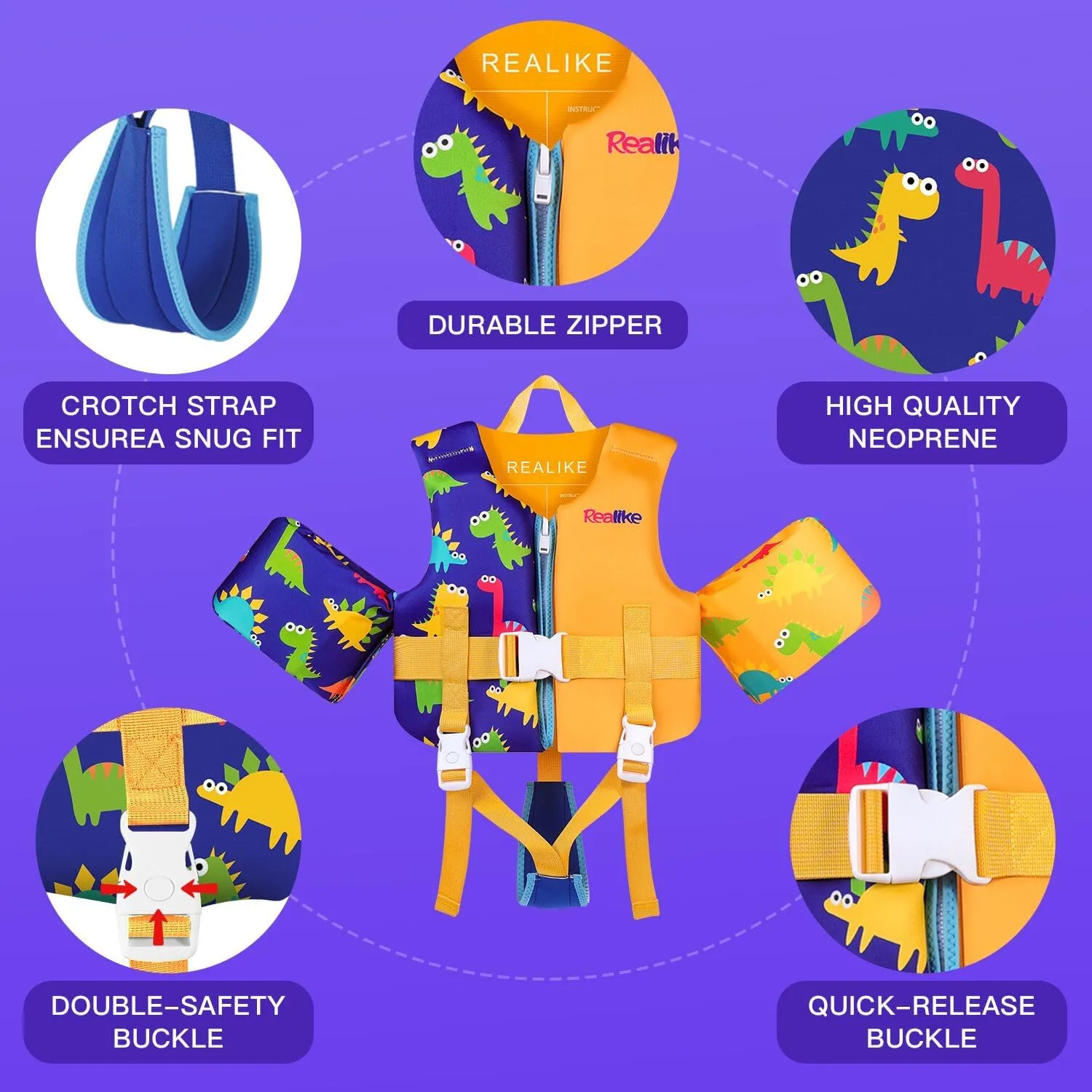 REALIKE Kids Swim Vest Toddler Floaties Adjustable Safety Strap Swimming Aids for Toddlers Children Float Swimsuit, Suitable for Age 2-10 Years/22-88lbs