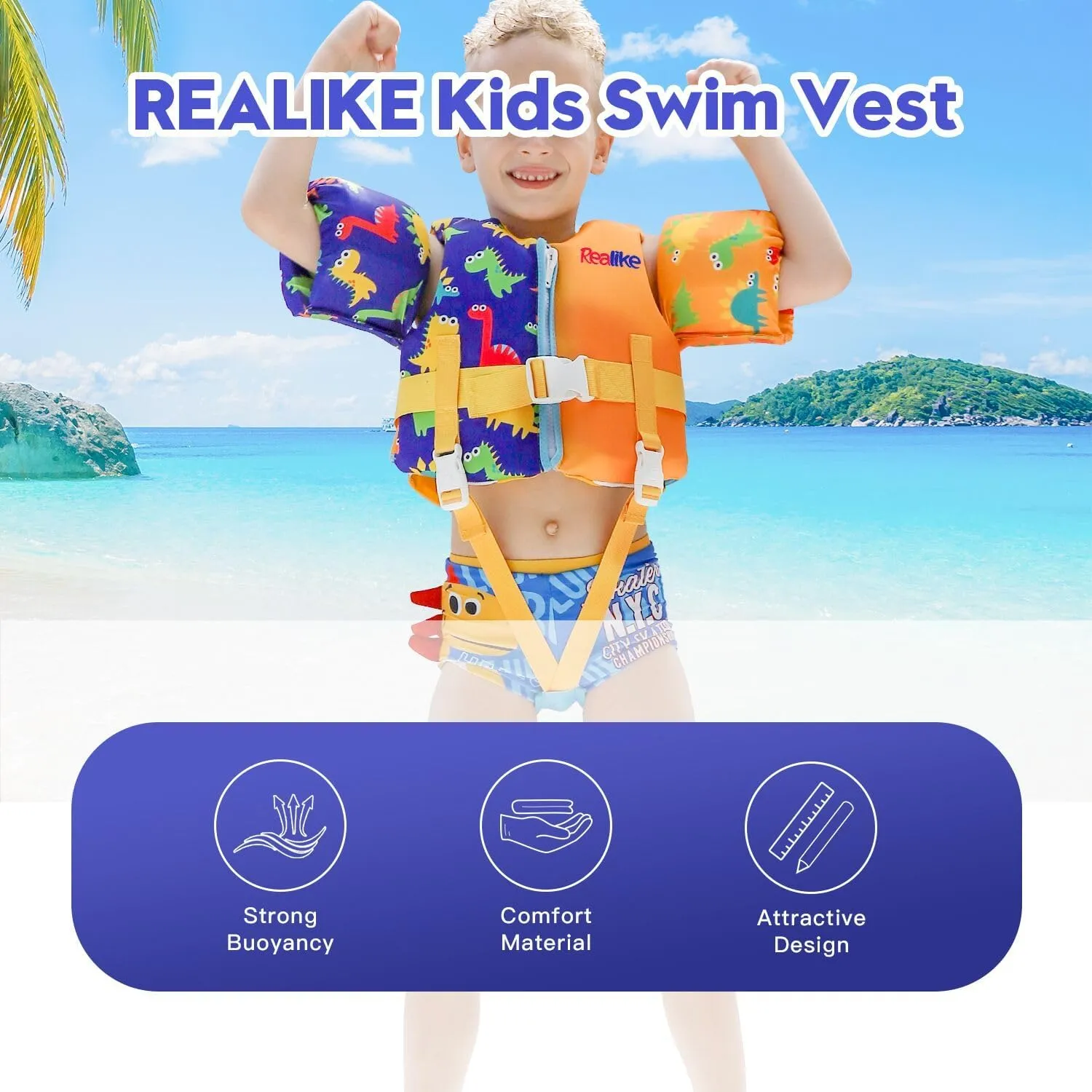 REALIKE Kids Swim Vest Toddler Floaties Adjustable Safety Strap Swimming Aids for Toddlers Children Float Swimsuit, Suitable for Age 2-10 Years/22-88lbs