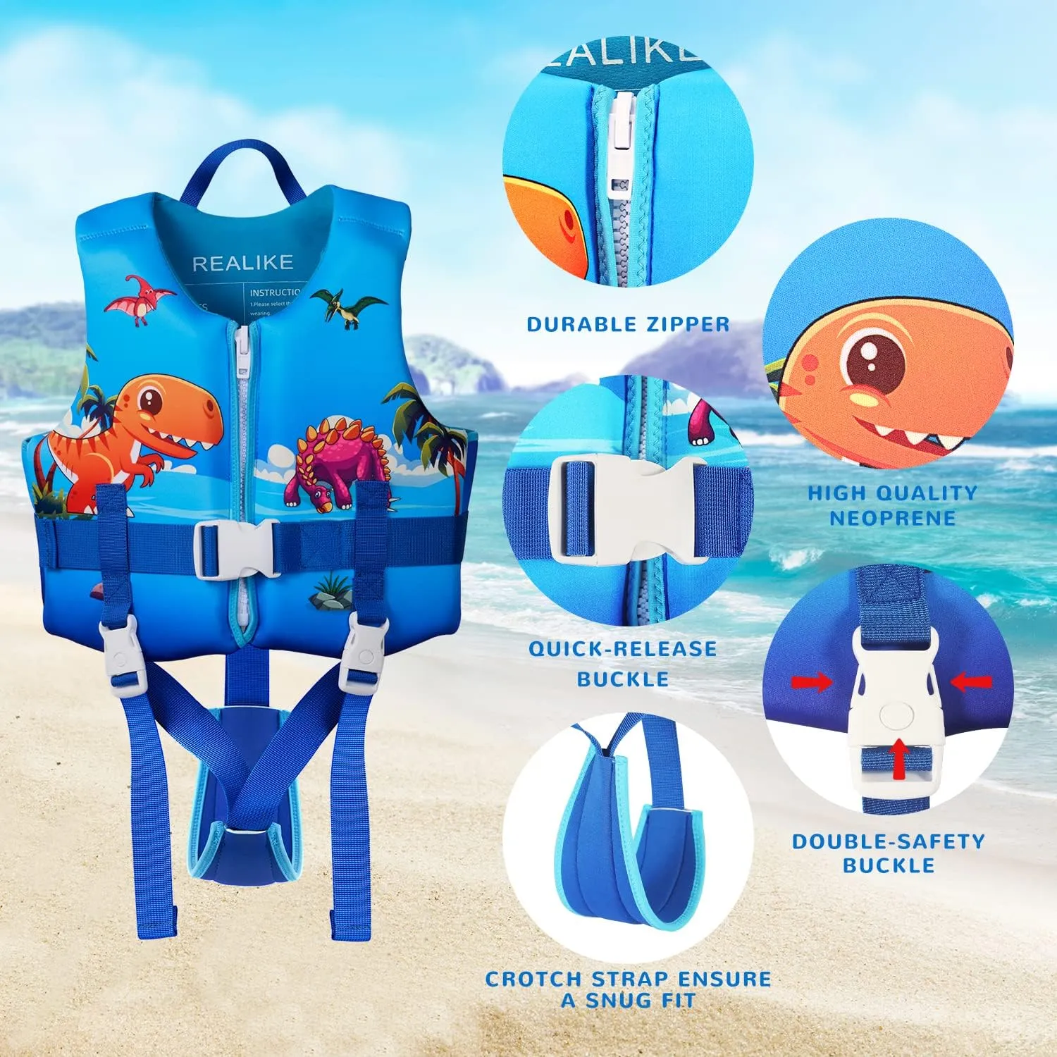 REALIKE Kids Swim Vest Toddler Floaties Adjustable Safety Strap Swimming Aids for Toddlers Children Float Swimsuit, Suitable for Age 2-10 Years/22-88lbs