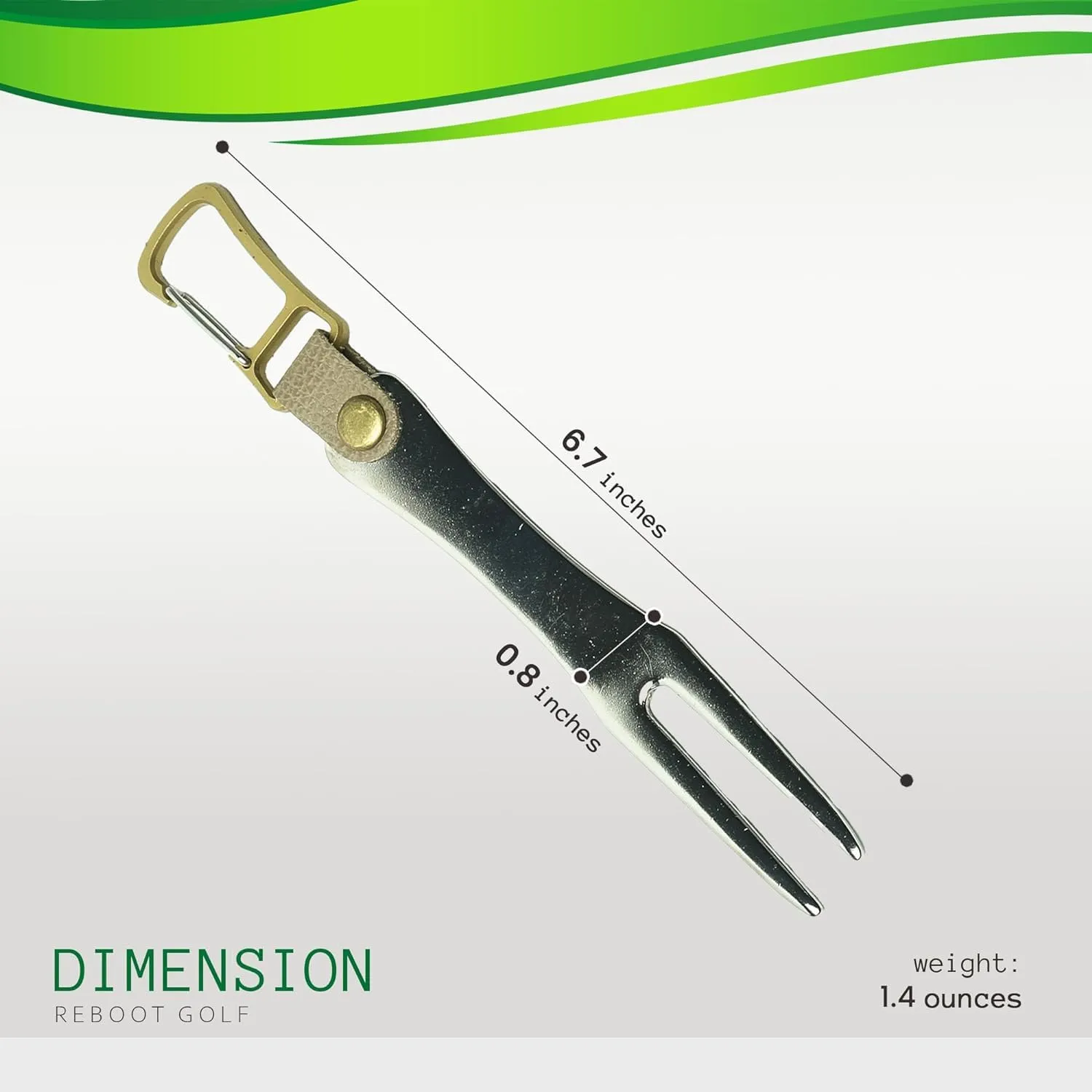Reboot Golf Stainless Steel Golf Green Fork with Brass Carabiner and Genuine Leather Belt