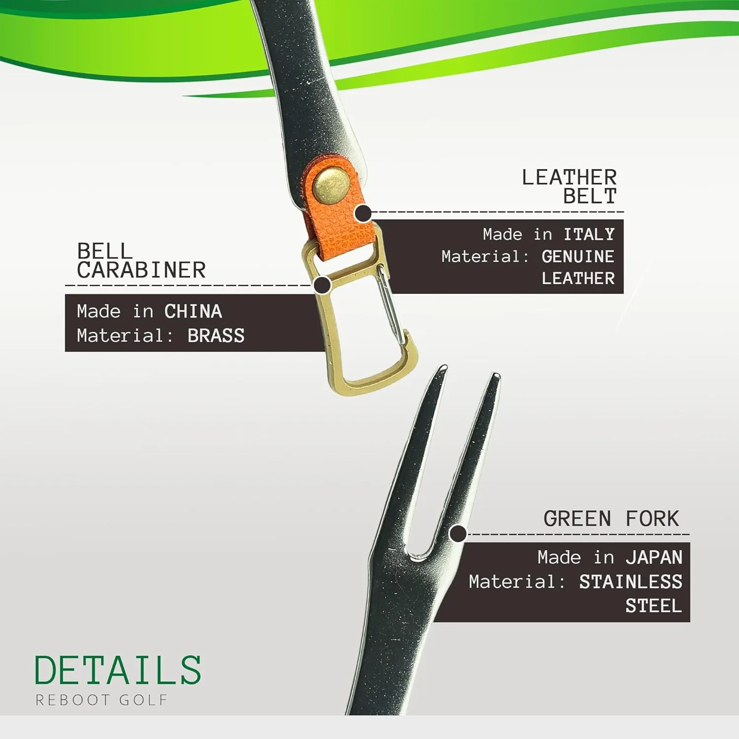 Reboot Golf Stainless Steel Golf Green Fork with Brass Carabiner and Genuine Leather Belt