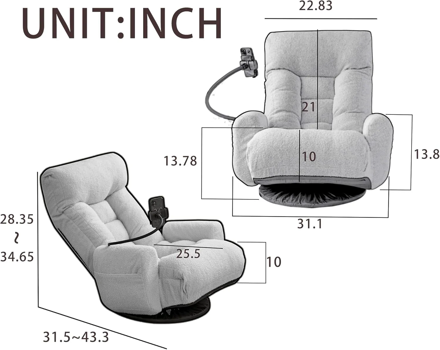 Recliner Chair with Adjustable Head Waist, Leisure Game Chairs for Bedroom, Lounge Chair in The Living Room, 360 Degree Rotatable Sofa, Cotton Deck Chairs with Rotatable Seat, Gray