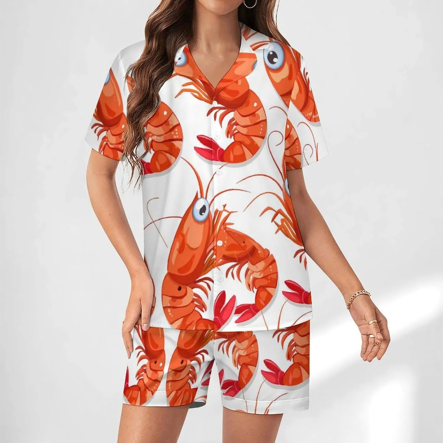 Red Crawfishes Red Lobsters Women's Satin Pajama Set Short Sleeve Button Down Sleepwear Loungewear Pj Set