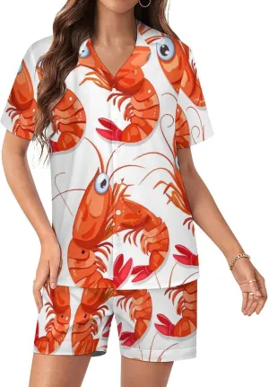 Red Crawfishes Red Lobsters Women's Satin Pajama Set Short Sleeve Button Down Sleepwear Loungewear Pj Set
