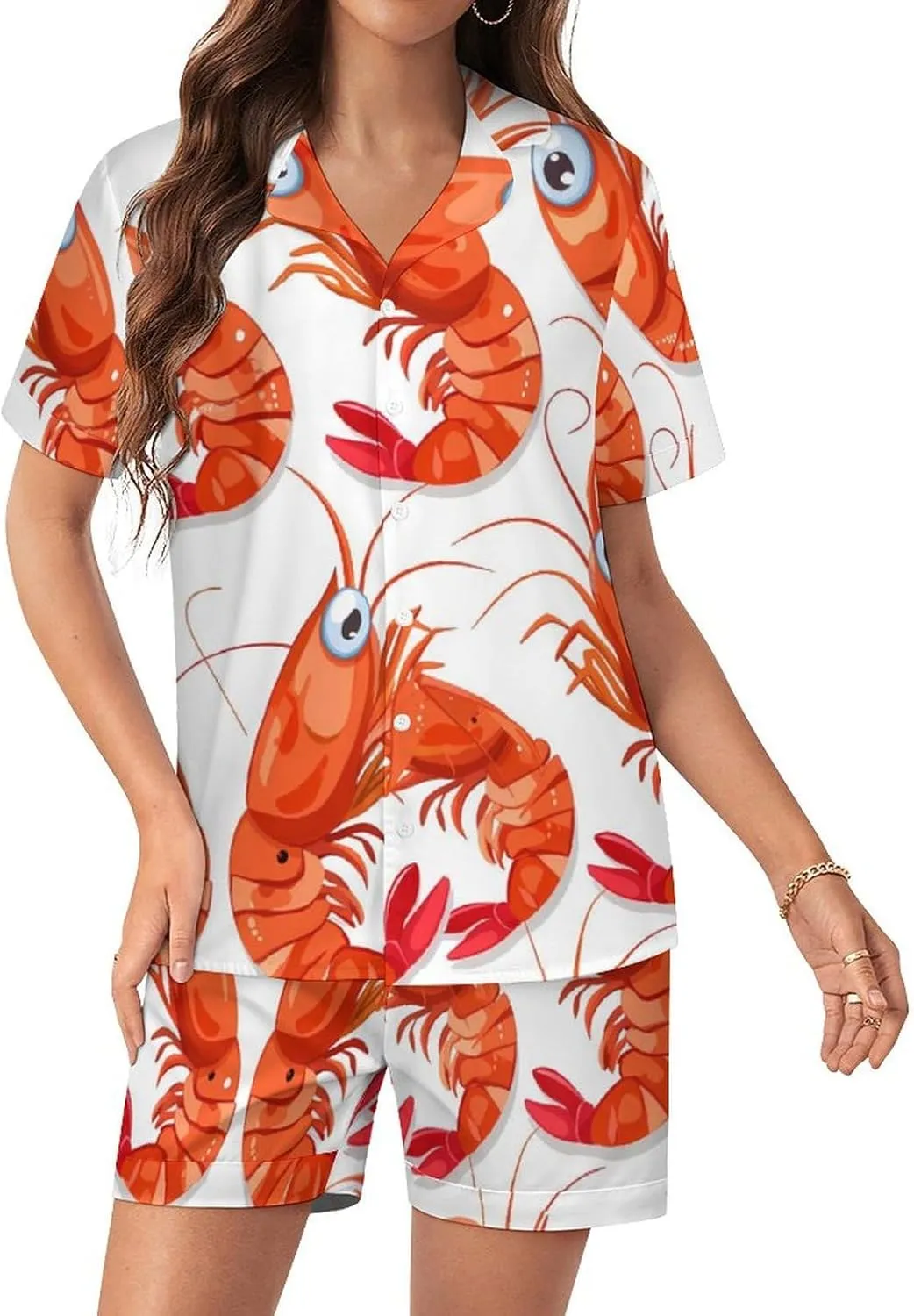 Red Crawfishes Red Lobsters Women's Satin Pajama Set Short Sleeve Button Down Sleepwear Loungewear Pj Set
