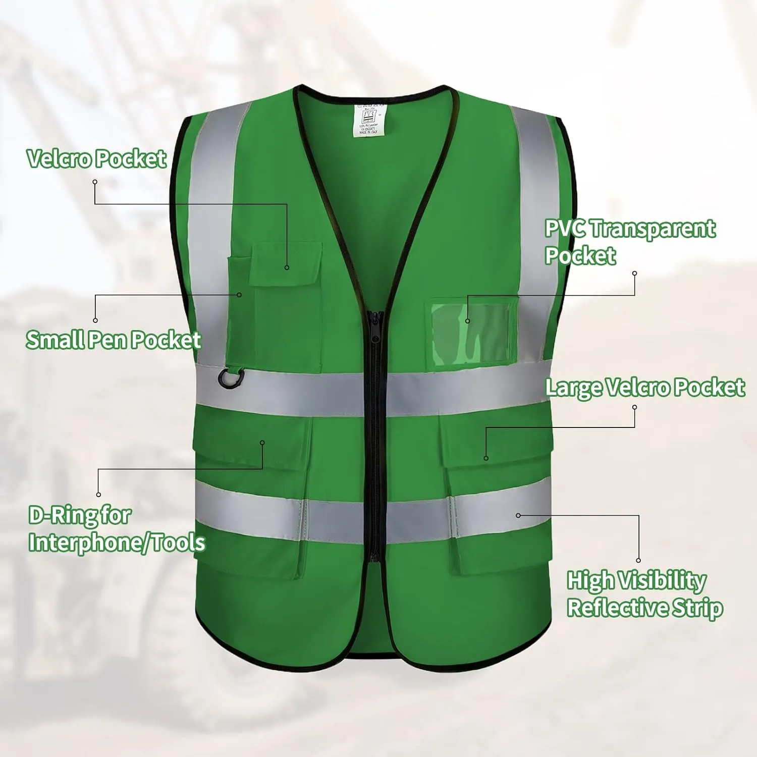 Reflective Vest Class 2 Safety Vests ANSI with Pockets Zipper High Visibility Construction Uniform