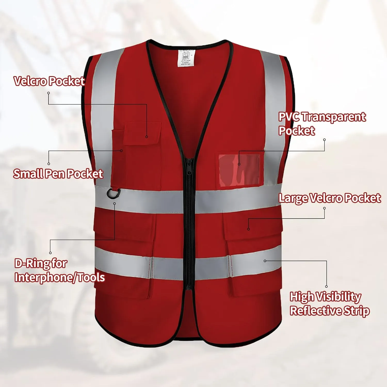 Reflective Vest Class 2 Safety Vests ANSI with Pockets Zipper High Visibility Construction Uniform