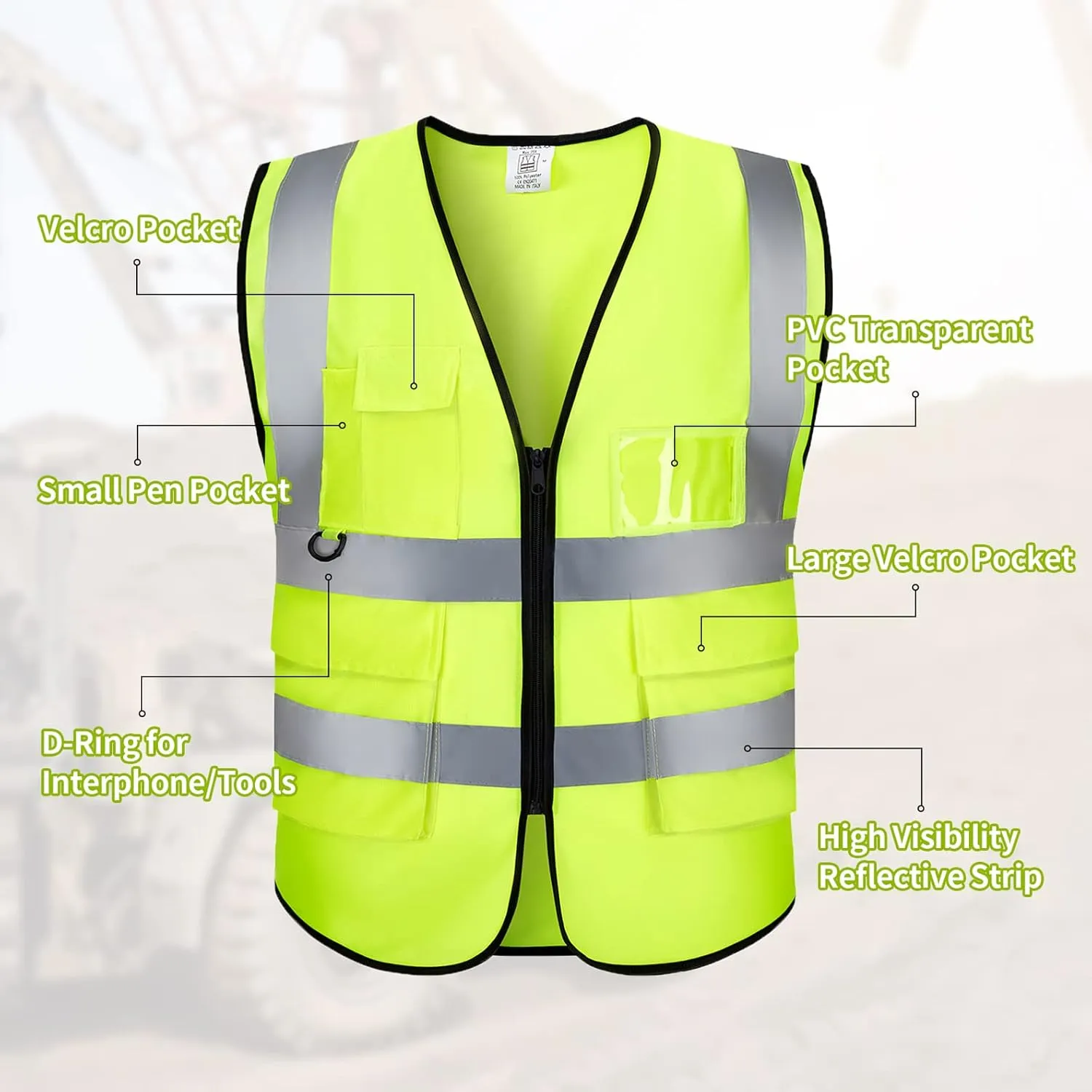 Reflective Vest Class 2 Safety Vests ANSI with Pockets Zipper High Visibility Construction Uniform