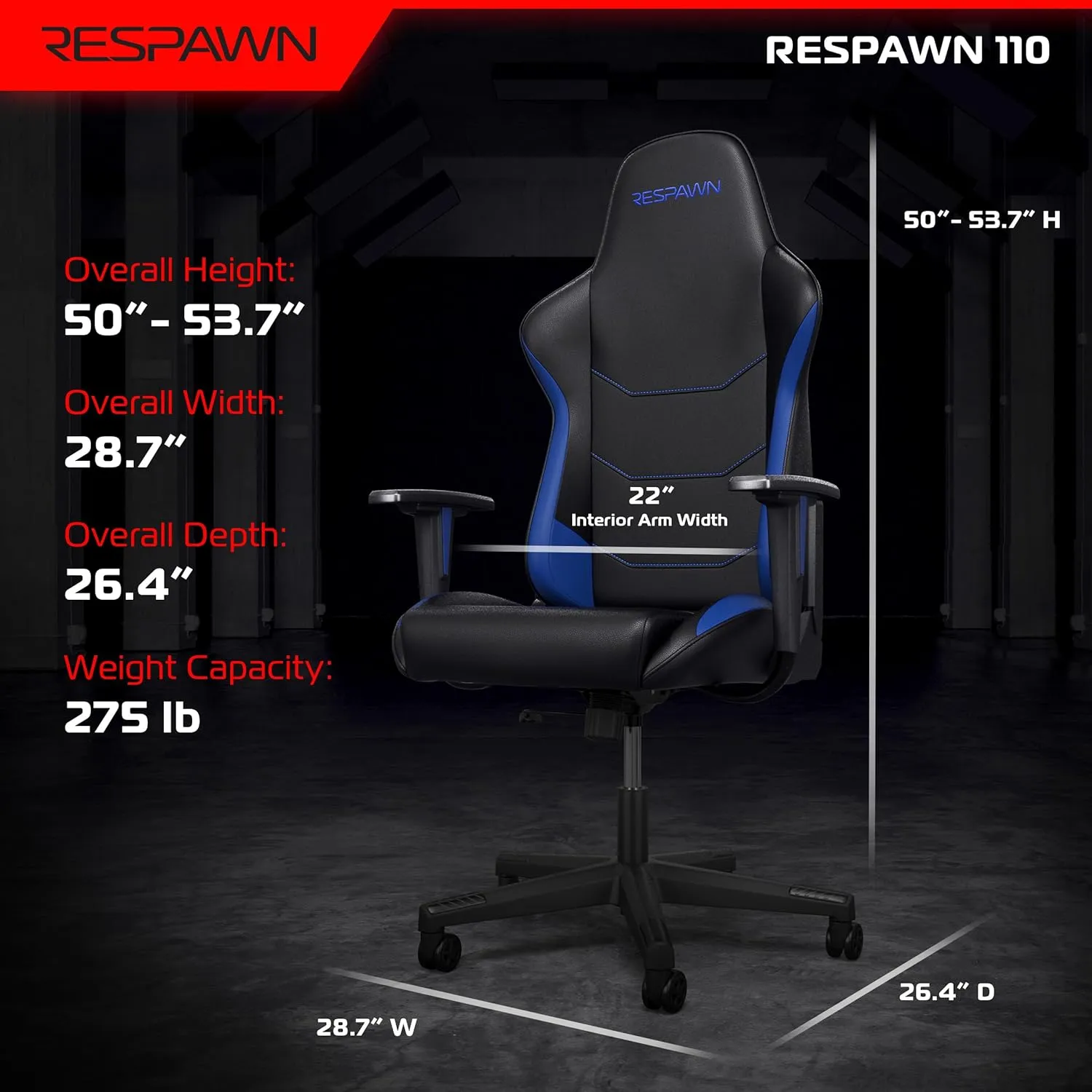 RESPAWN 110 Ergonomic Gaming Chair - Racing Style High Back PC Computer Desk Office Chair - 360 Swivel, Integrated Headrest, 135 Degree Recline with Adjustable Tilt Tension & Angle Lock - 2023 Blue