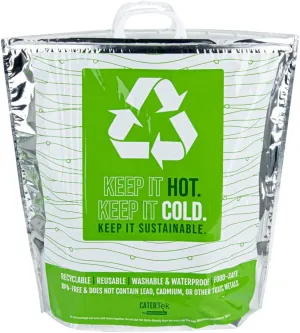 Restaurantware Cater Tek 20.1 x 7.1 x 20.1 Inch Hot And Cold Bag 1 Triple Layer Insulated Bag - Snap Lock Handles Waterproof Green & Silver Plastic Thermal Lunch Bag For Frozen & Hot Items