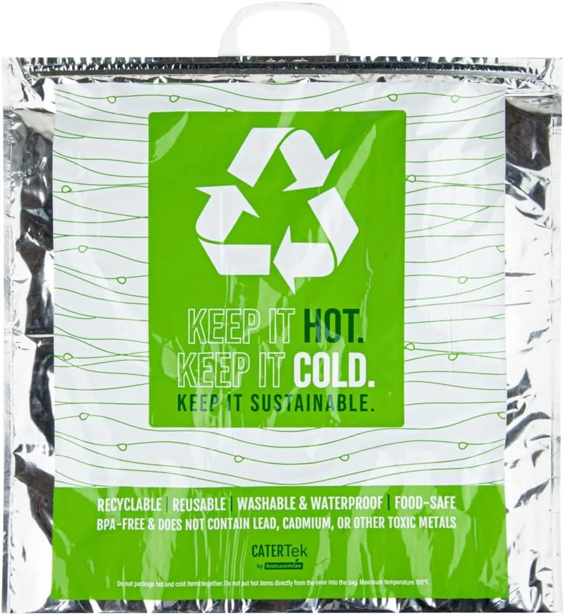 Restaurantware Cater Tek 20.1 x 7.1 x 20.1 Inch Hot And Cold Bag 1 Triple Layer Insulated Bag - Snap Lock Handles Waterproof Green & Silver Plastic Thermal Lunch Bag For Frozen & Hot Items