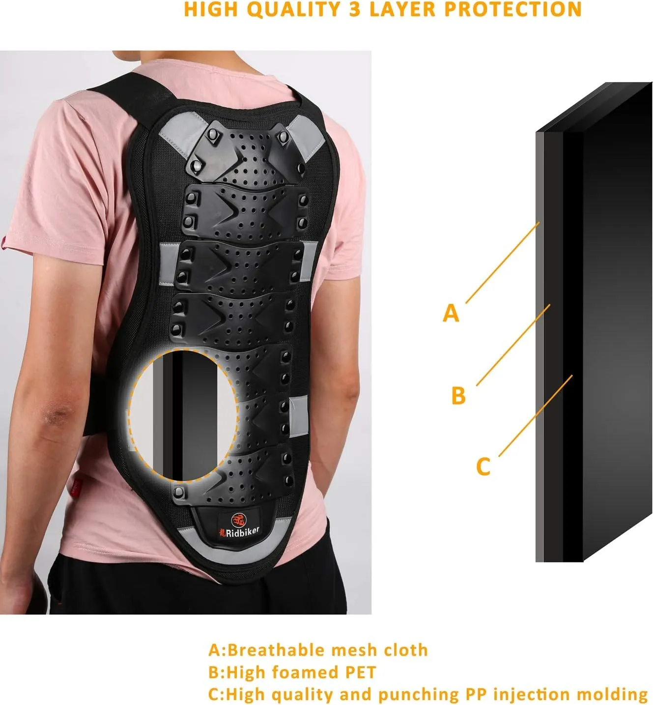 RIDBIKER Chest Protector Motorcycle, Dirt Bike Gear Body Armor Vest Spine Back Protector for Motocross Off-Road (Reflective at Night) (Red, M)